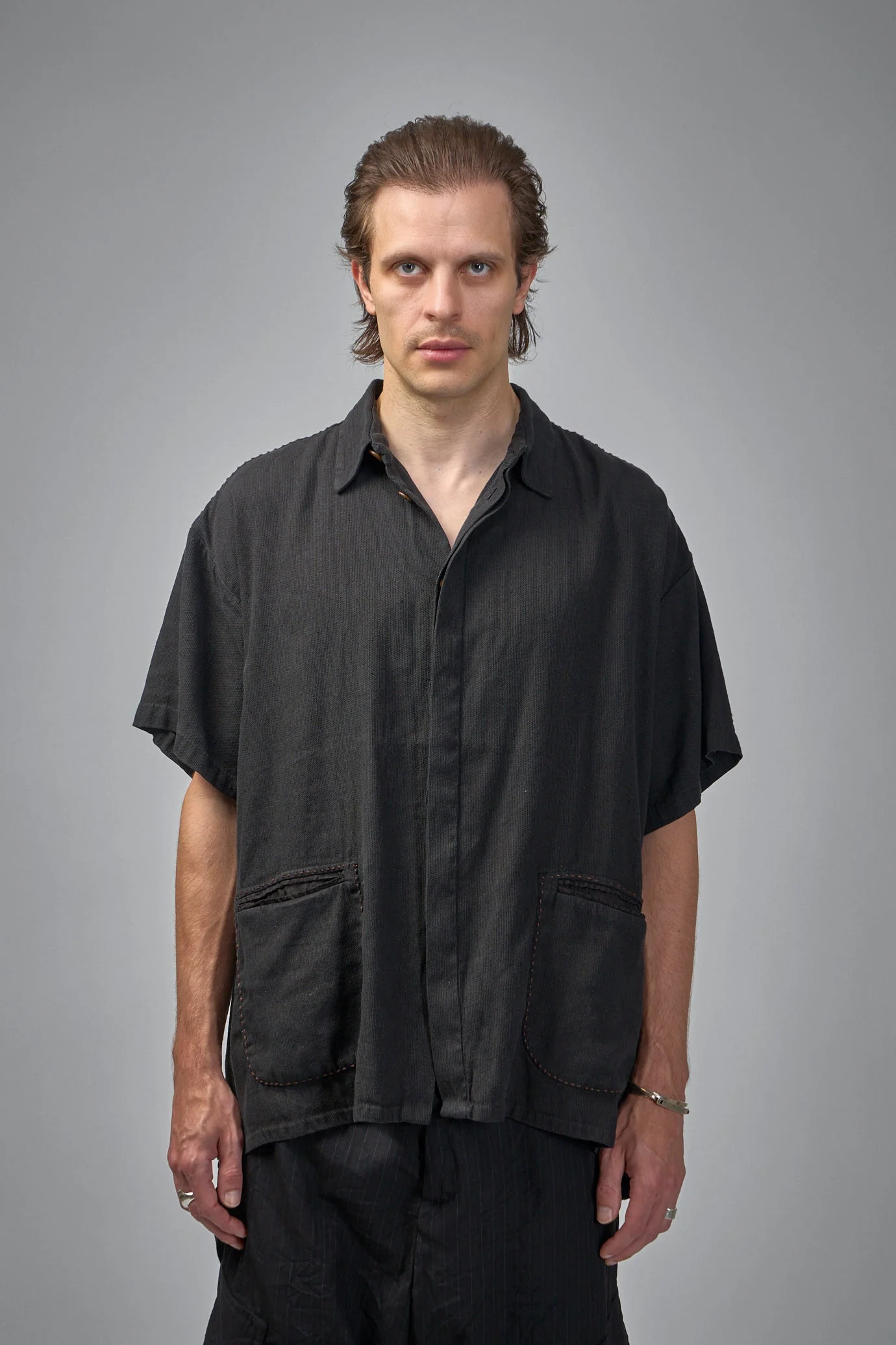 Assymetric Swing Back Exaggerated Volume Short Sleeve Workshirt - 1