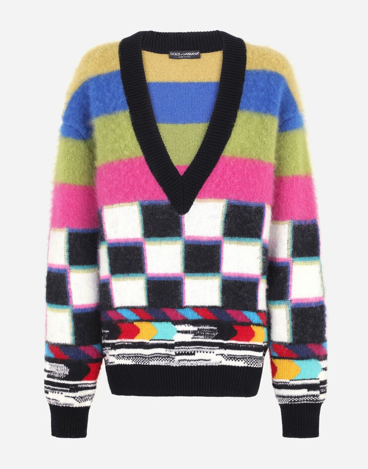 V-neck sweater with multi-color glitch design - 3