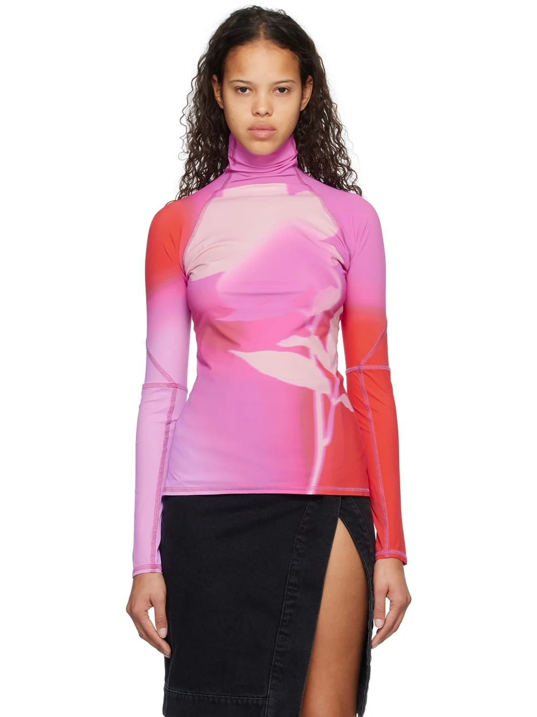 Pink & Red Printed Turtleneck - 1