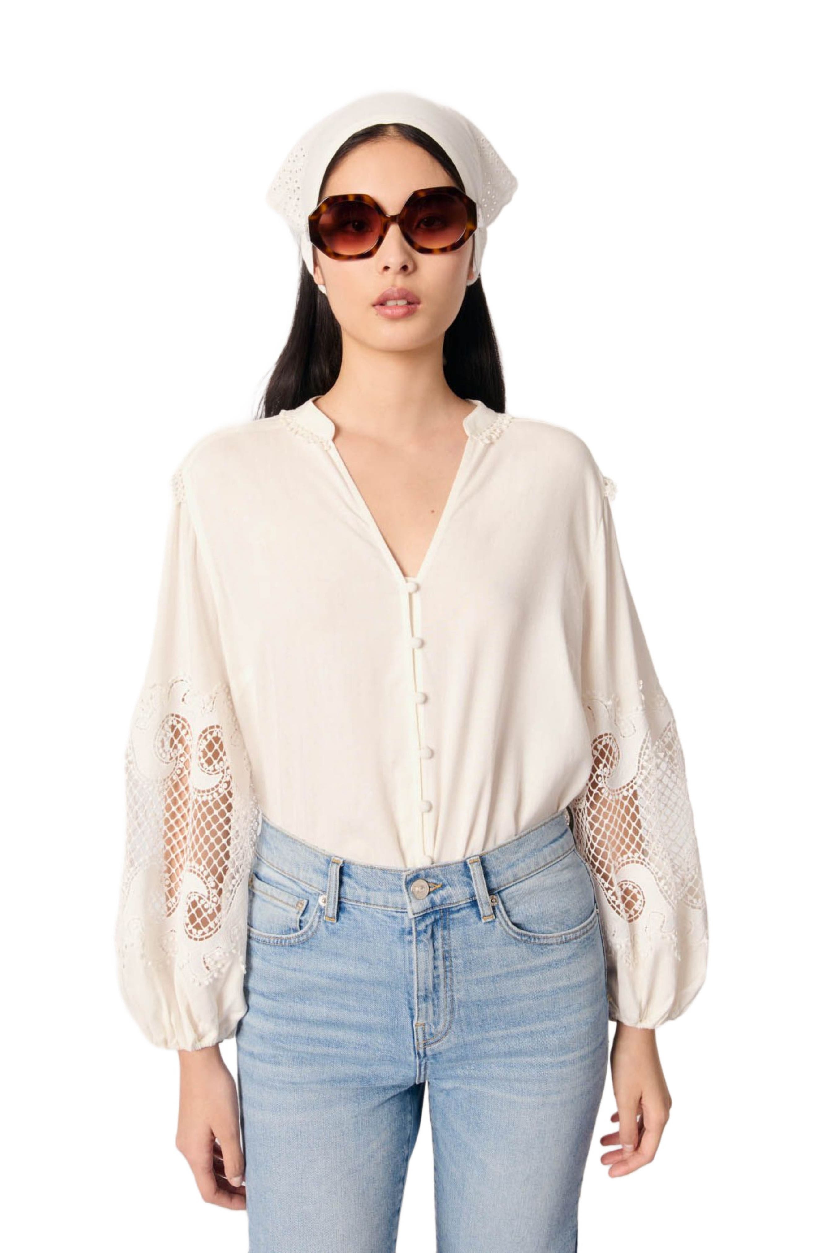 maje Shirt with embroidered sleeves in Ecru at Nordstrom - 5