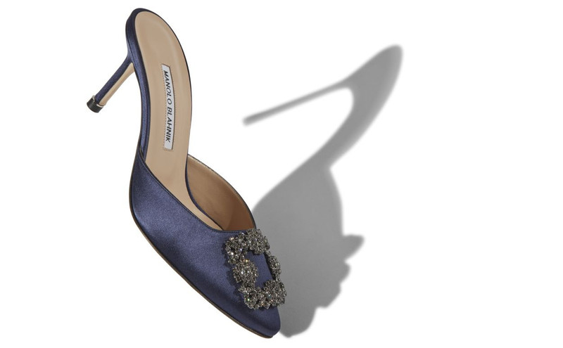 Manolo Blahnik Navy Blue Satin Jewel Buckle Mules outlook