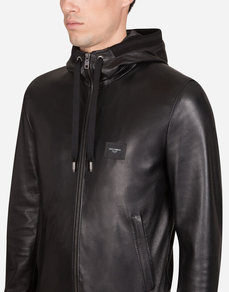 Leather jacket with hood and branded plate - 4