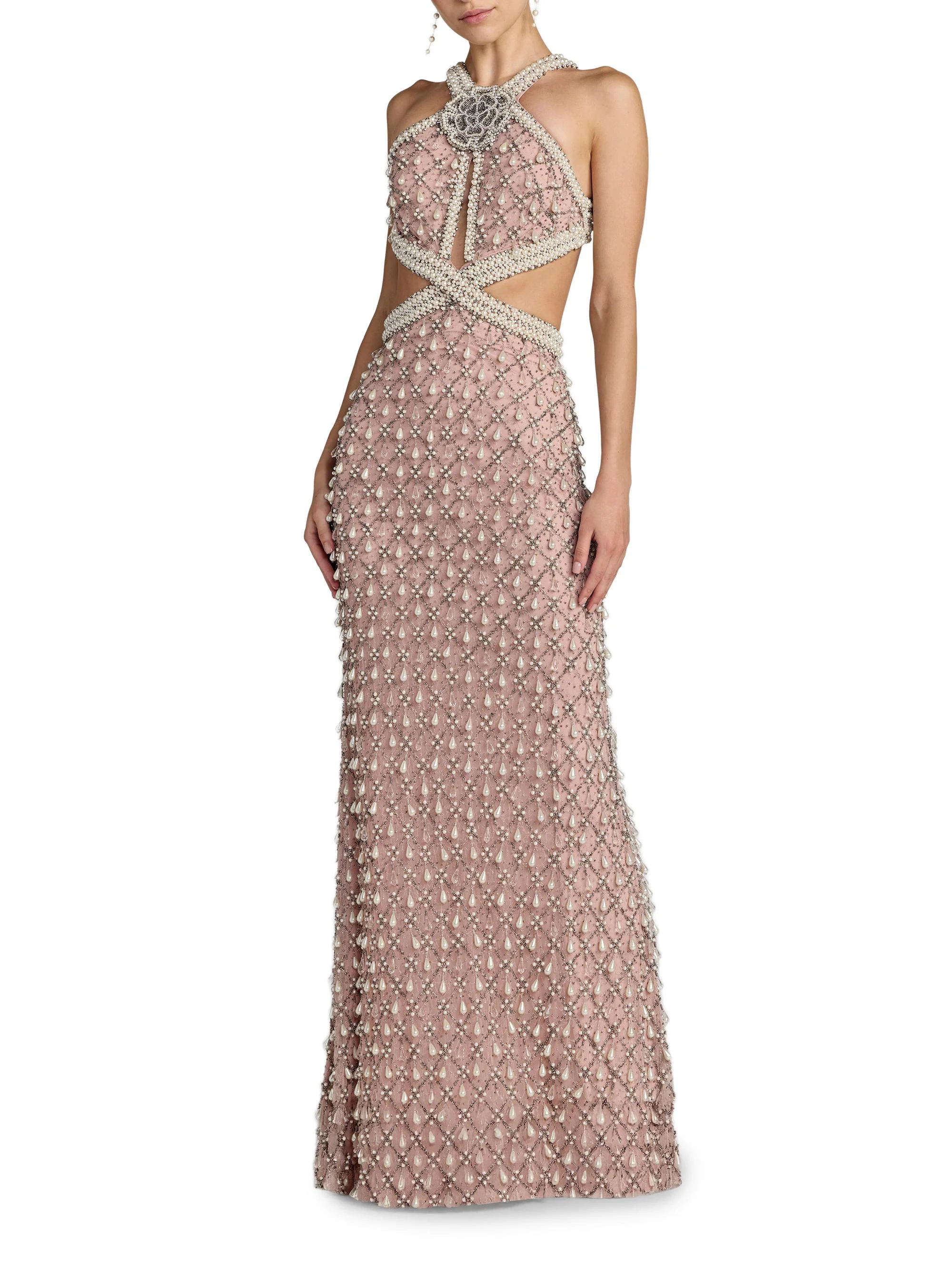 Women's Embellished Cut-Out Halterneck Gown - Light Rose - 1