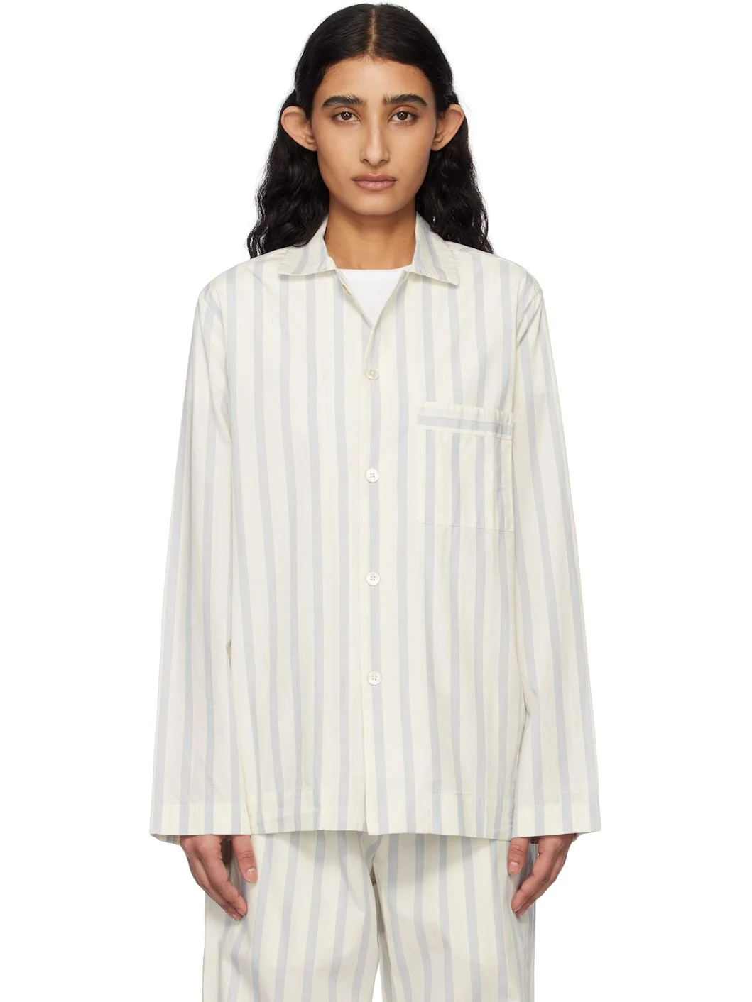 White & Blue Poplin Long-Sleeved Pyjama Shirt - 1