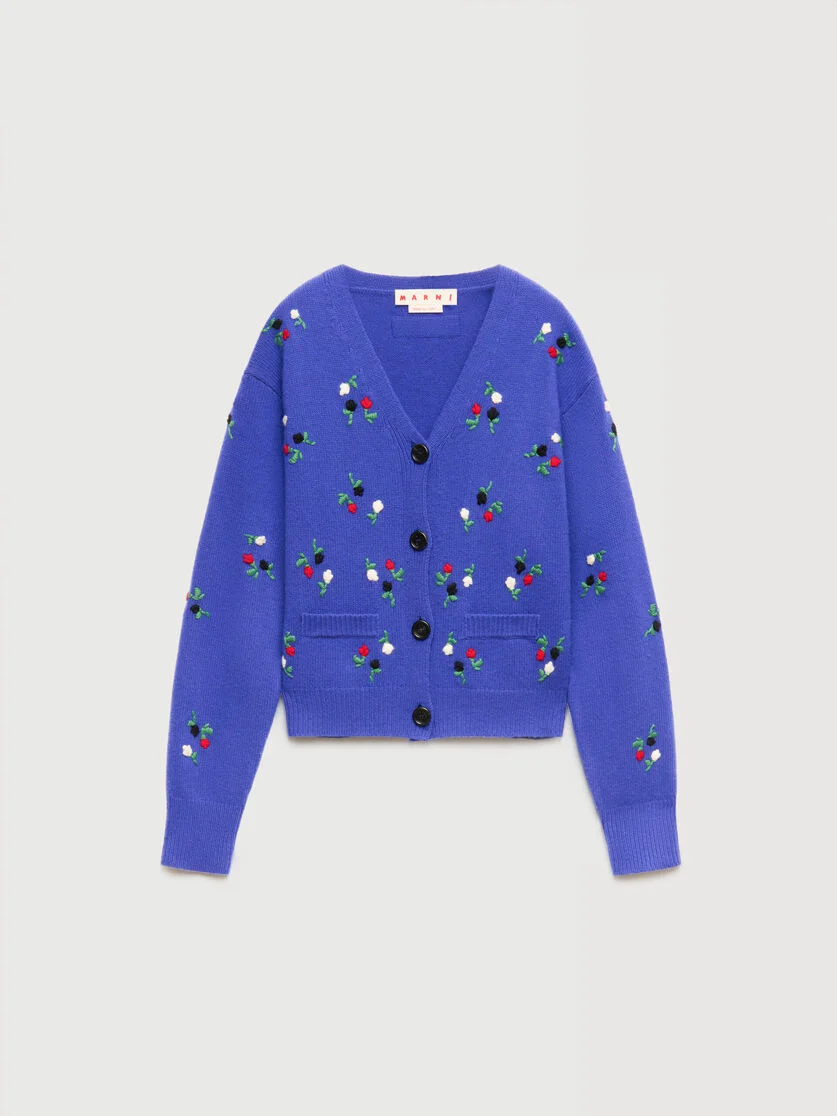 BLUE WOOL-CASHMERE CARDIGAN WITH FLOWER EMBROIDERY - 1