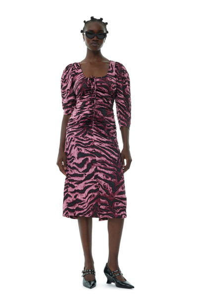 GANNI ANIMAL PRINTED CRINKLED SATIN U-NECK MIDI DRESS outlook