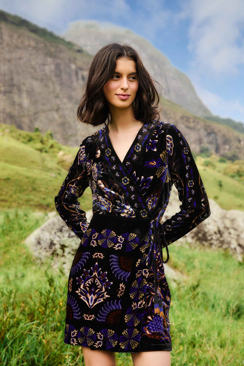 FARM RIO Black Arabesque Mix Scarves Wrap Mini Dress outlook