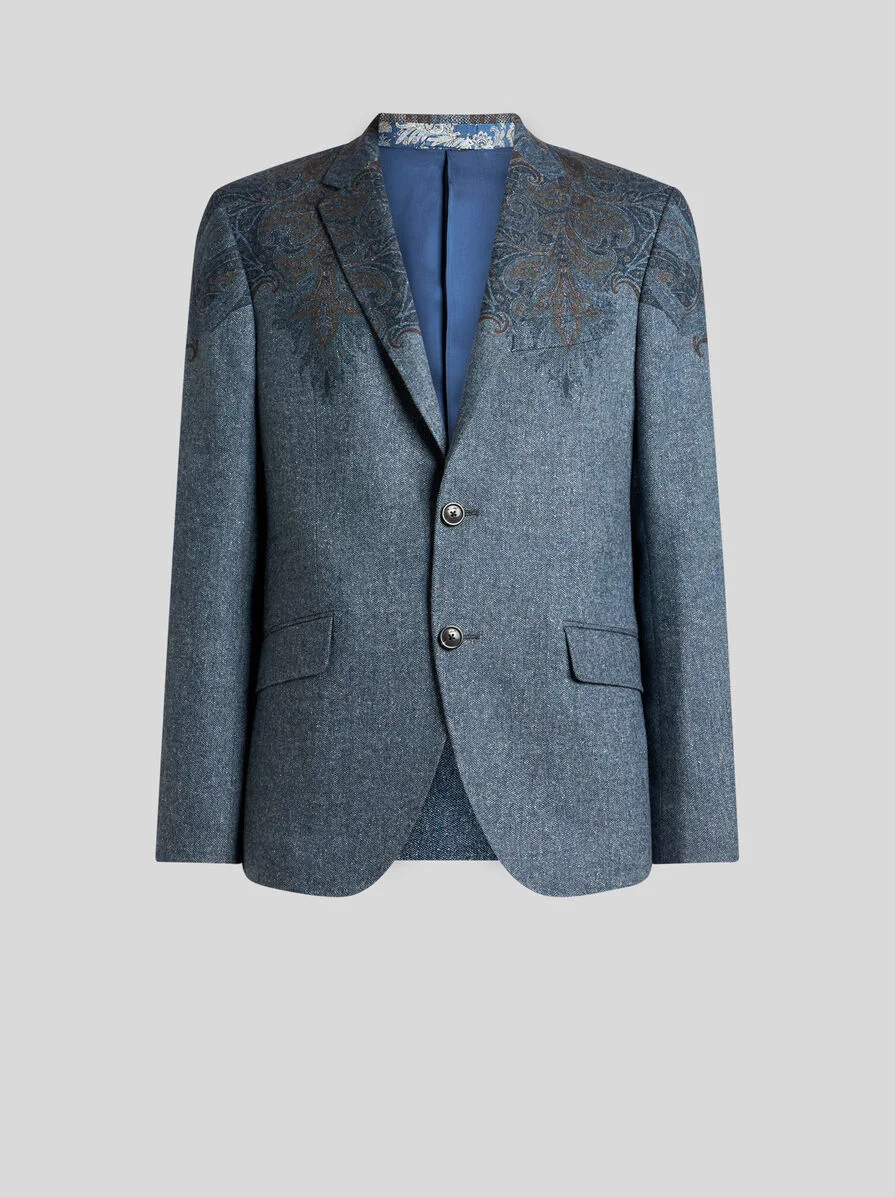 SINGLE-BREASTED WOOL-BLEND JACKET WITH PLACED PAISLEY POCHETTE PRINT - 1