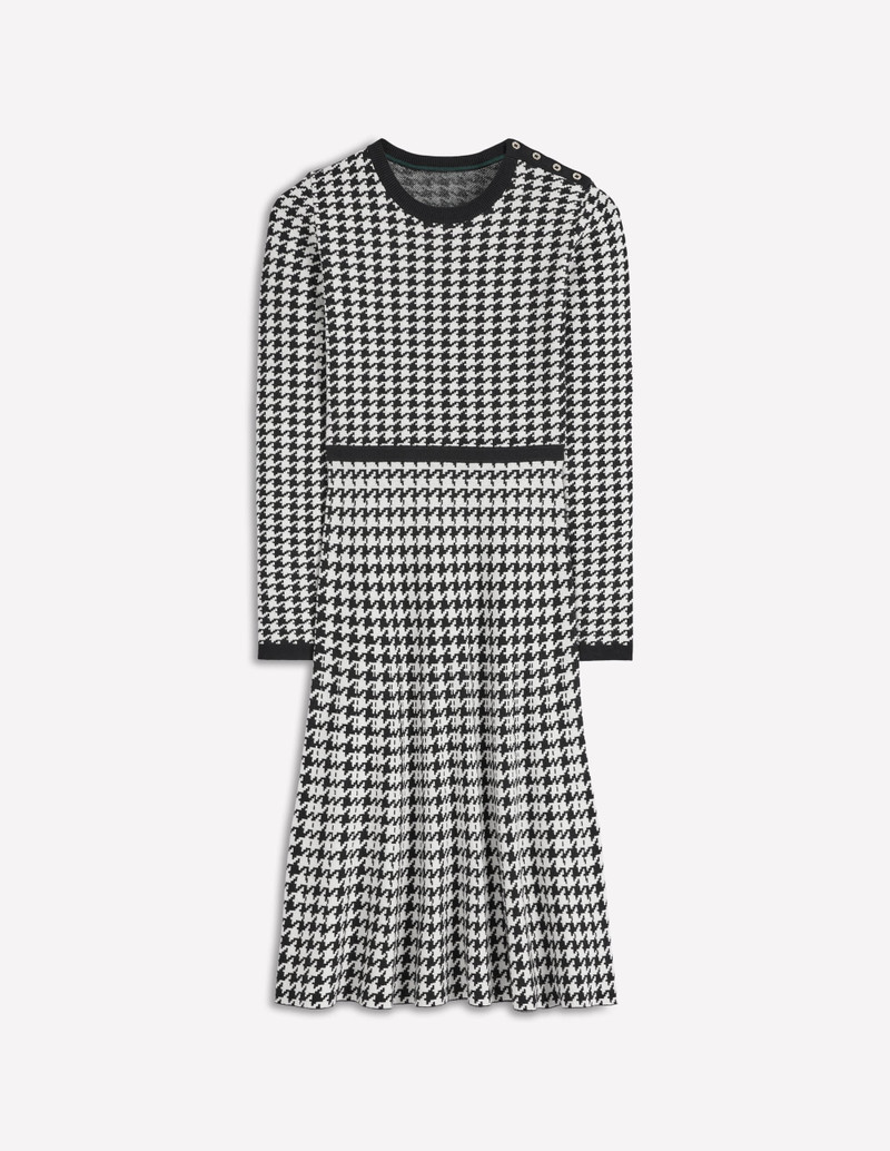 Maria Button Knitted Dress-Black and Ivory Dogstooth 7