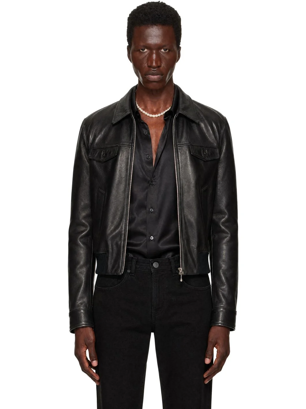 Black Embellished Leather Bomber Jacket - 1