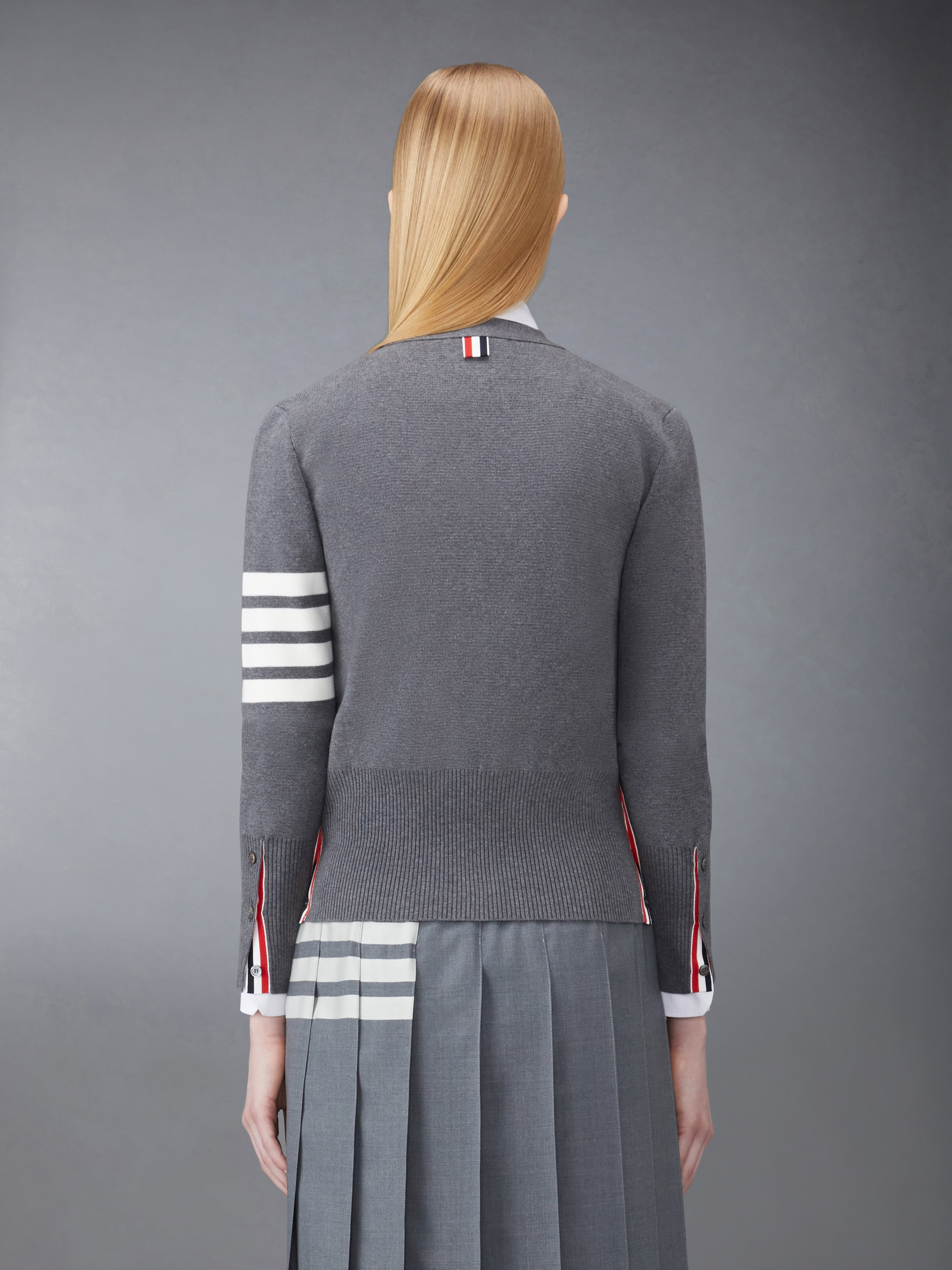 Medium Grey Cotton Crepe V-Neck 4-Bar Cardigan - 2
