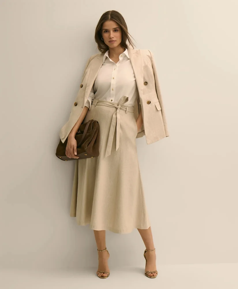 Linen-Blend Belted A-Line Skirt - 1