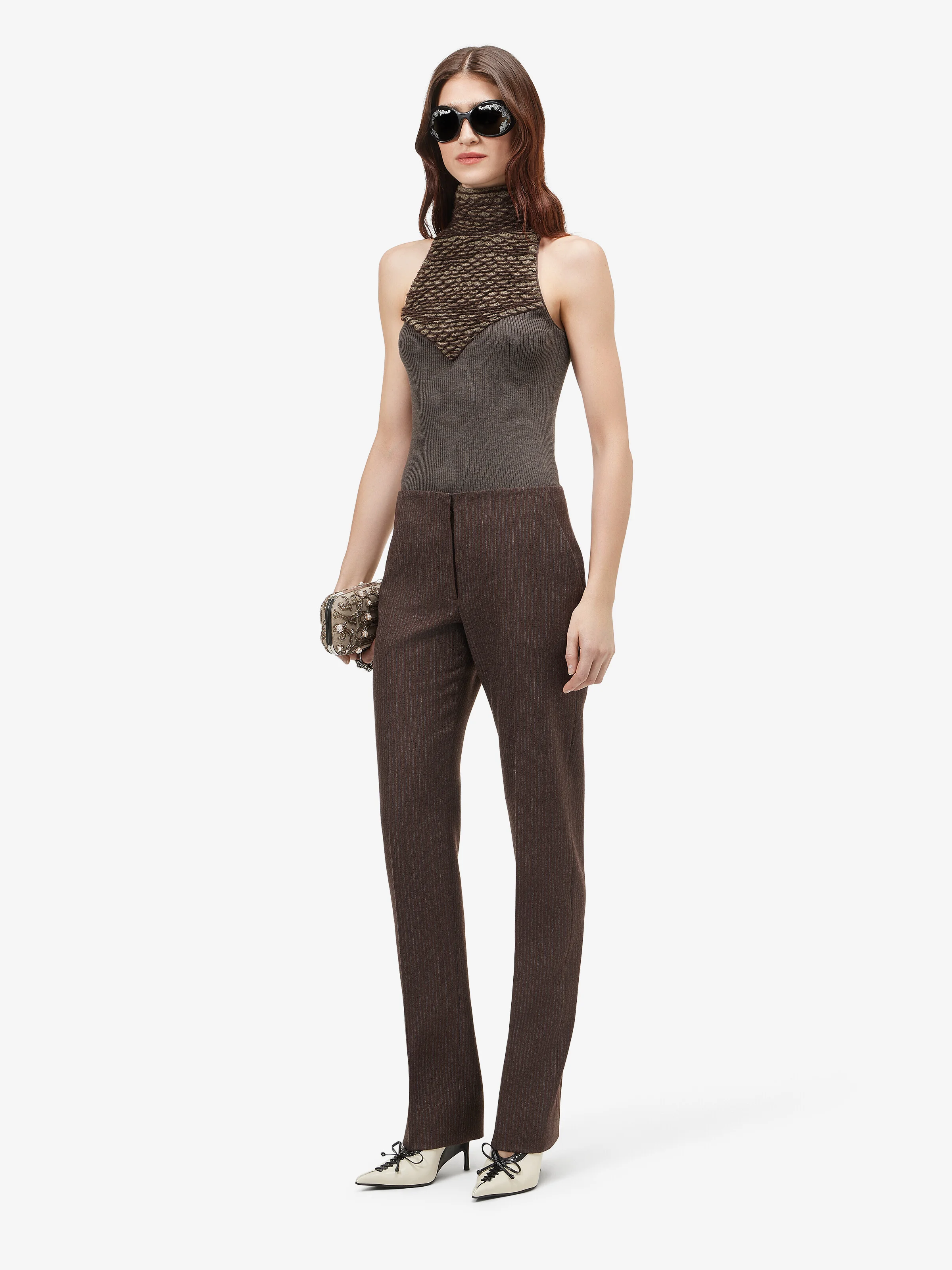 Women's Wool Pinstripe Trousers in Dark Brown - 1