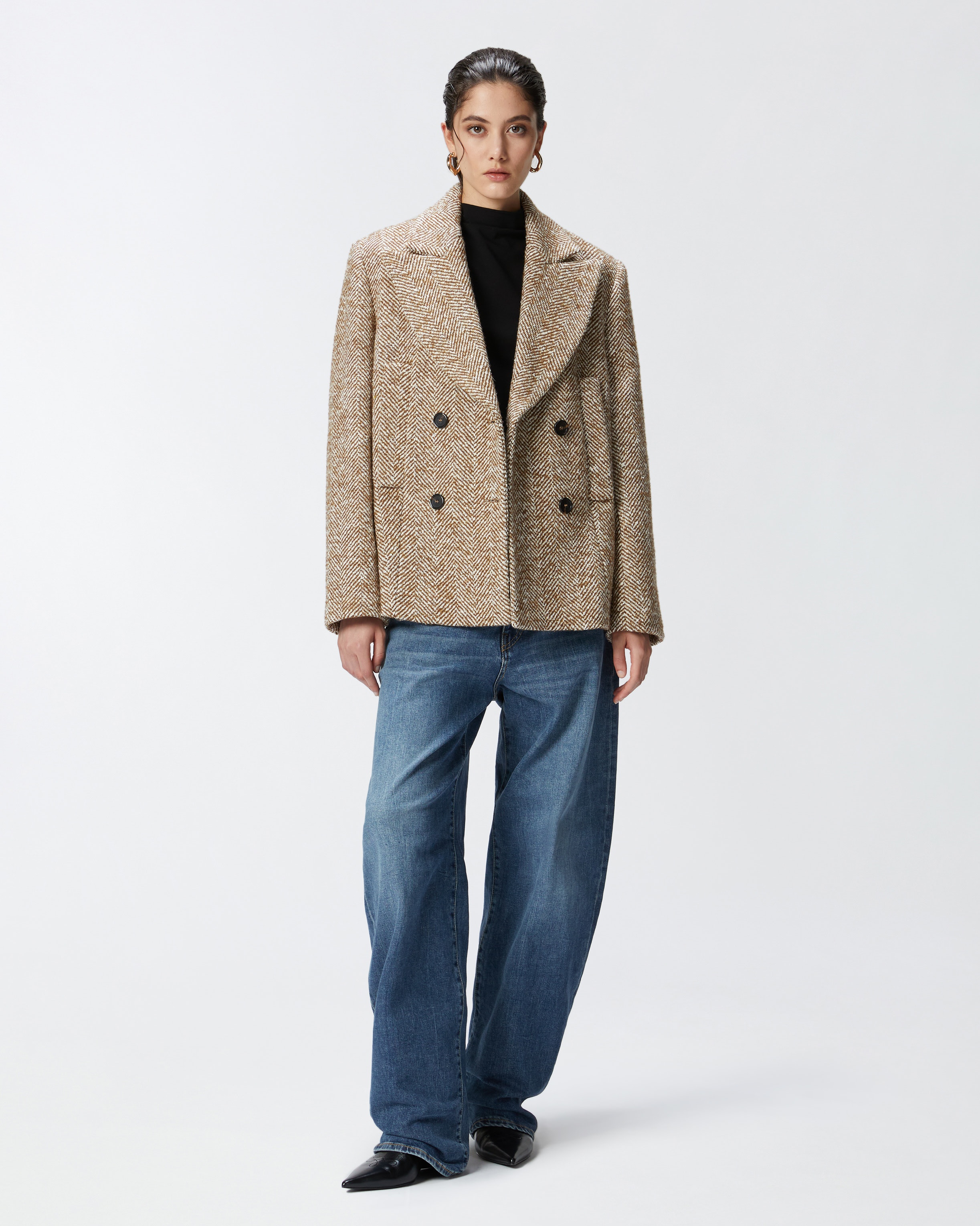 SHORT DOUBLE-BREASTED COAT PEA COAT WITH HERRINGBONE - 3