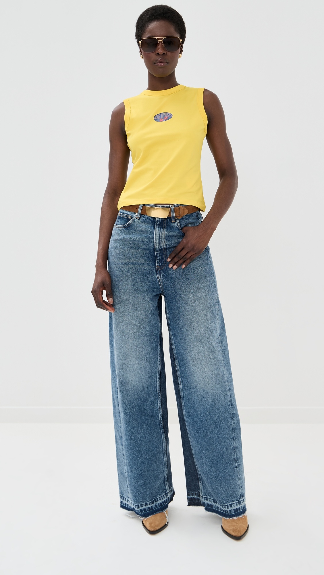 Two Tonal Fabric Paneled Wide Leg Jeans - 4