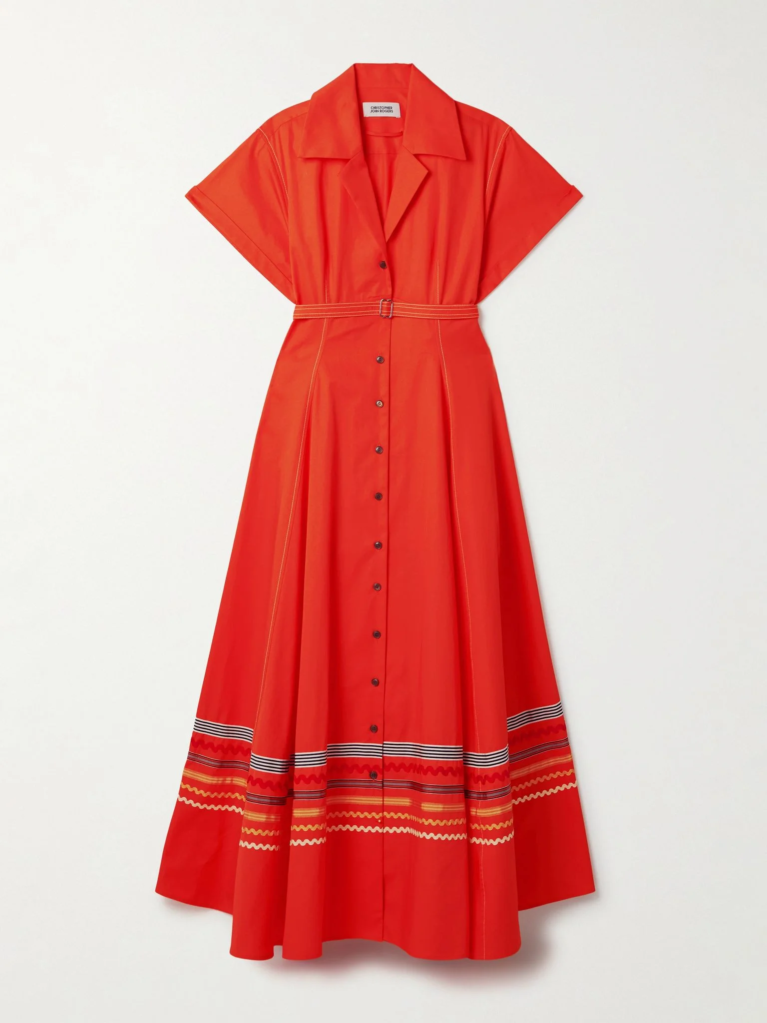 Belted ric rac and grosgrain-trimmed cotton-twill maxi shirt dress Orange - 1