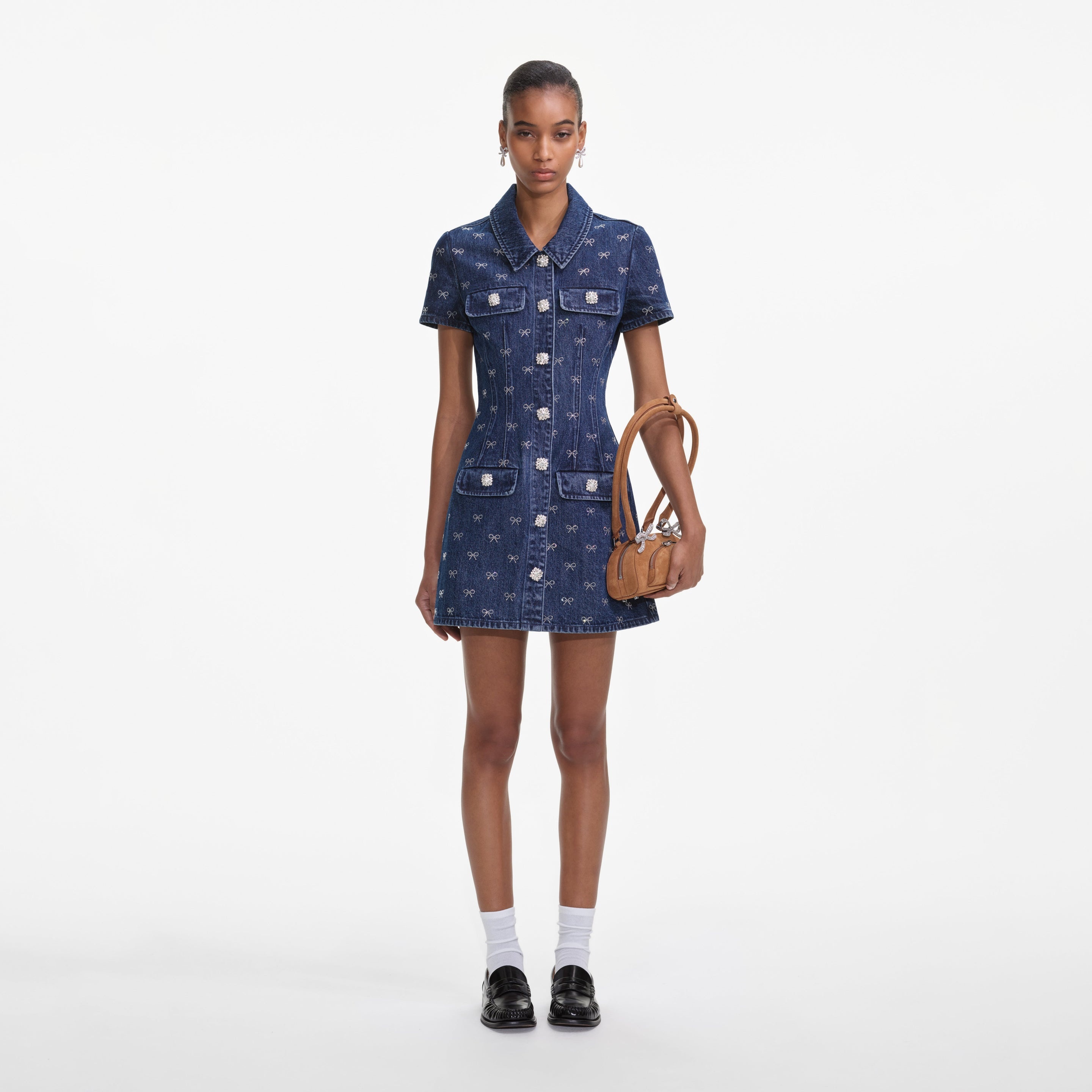 Denim Diamante Bow Collared Mini Dress - 4