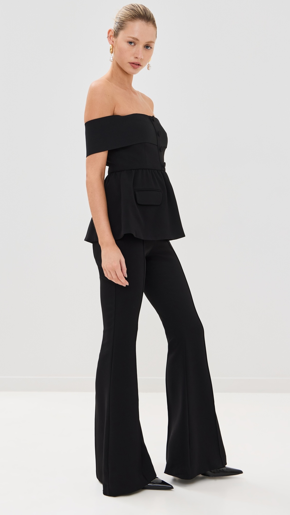 Black Crepe Off Shoulder Jumpsuit - 3