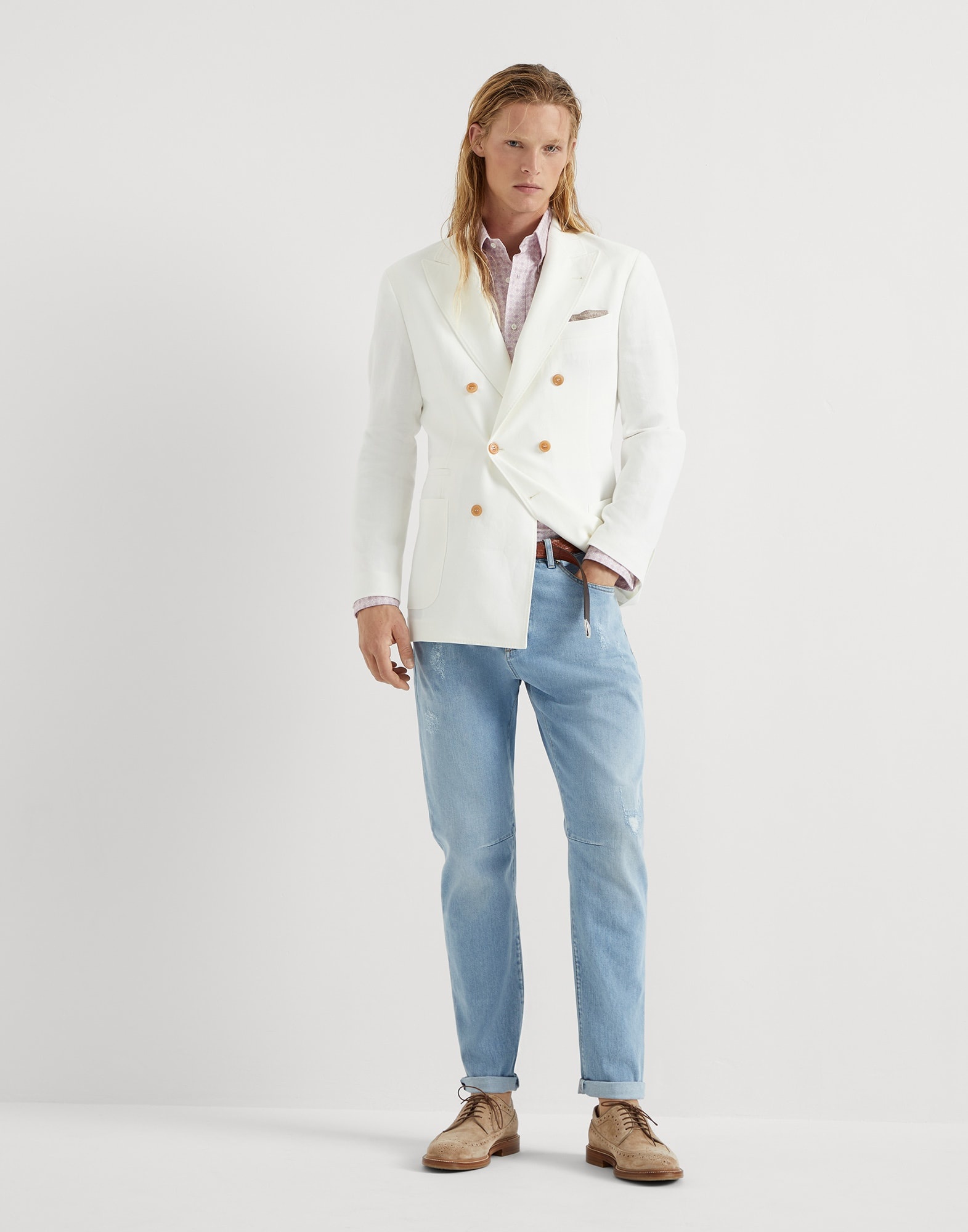 Cotton slim fit shirt with geometric pattern and button-down collar - 5