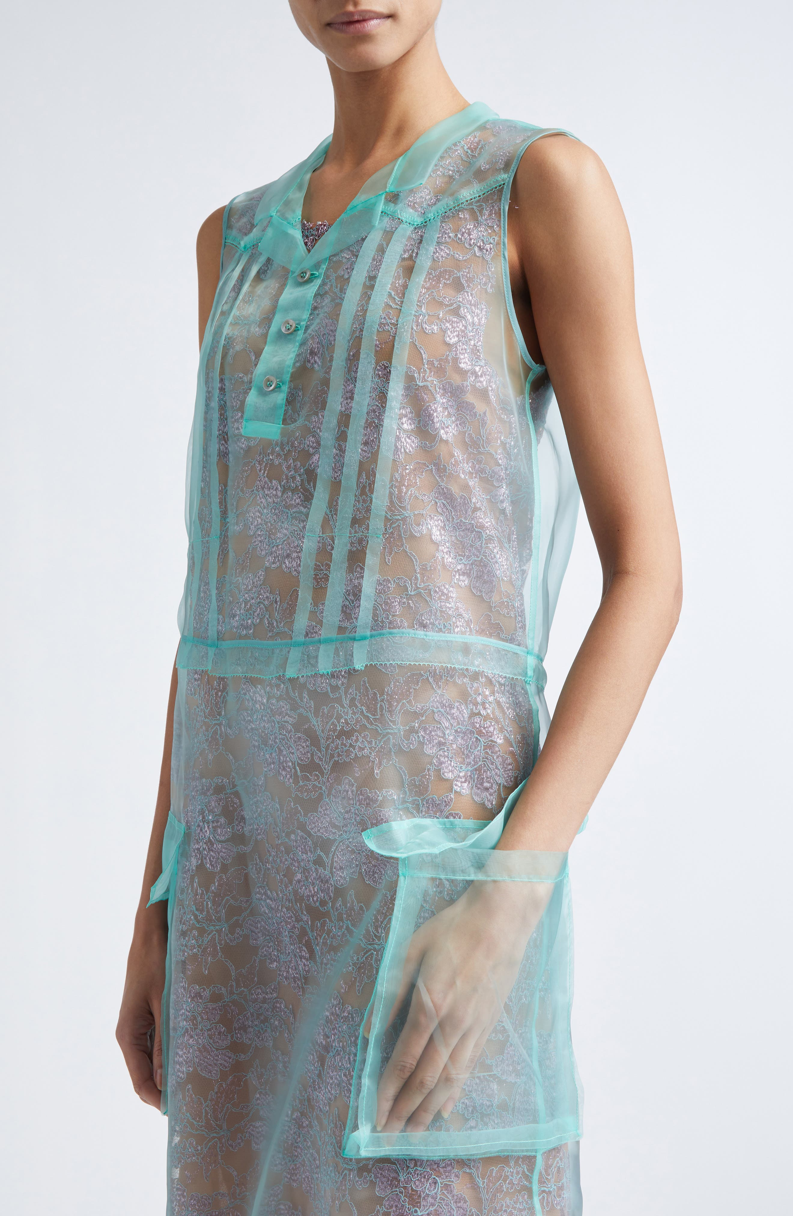 Maison Margiela Sheer Overlay Sleeveless Shirtdress in Emerald/Antique Rose at Nordstrom - 4