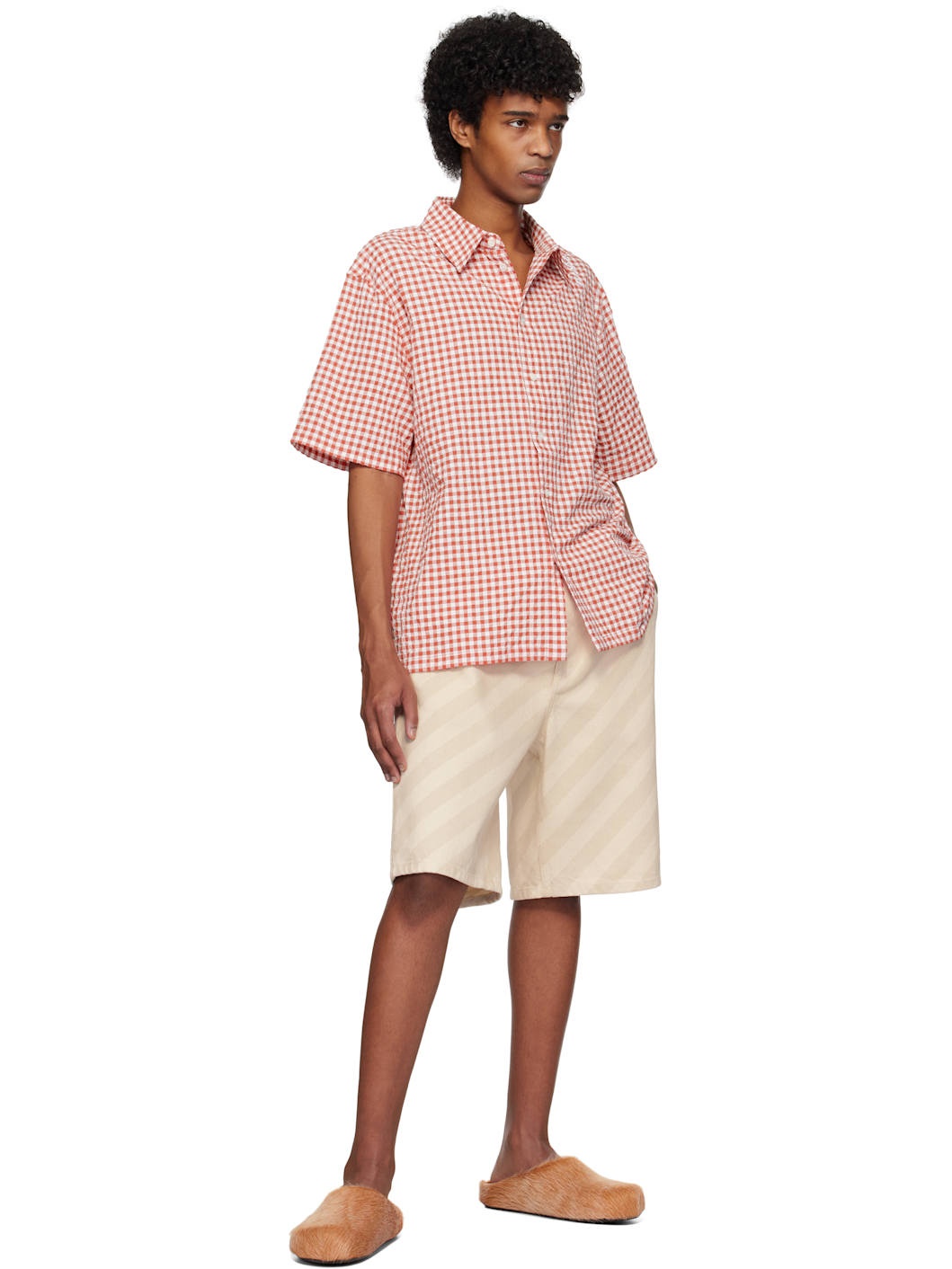 Beige Striped Denim Shorts - 4