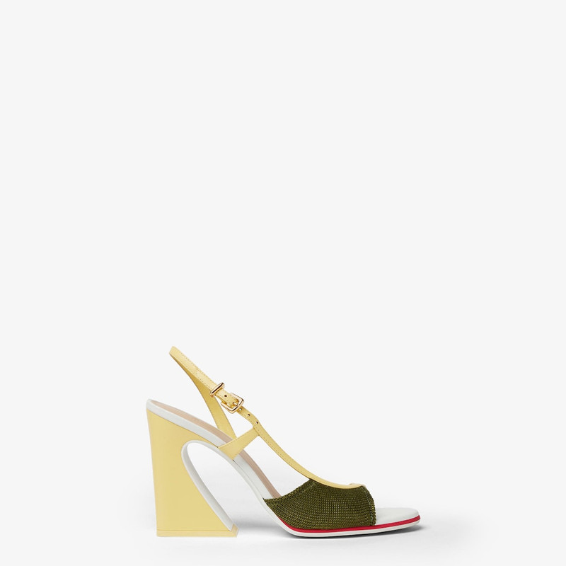 Fendi Arco Dark green knit and yellow nappa leather high-heeled sandal. 1