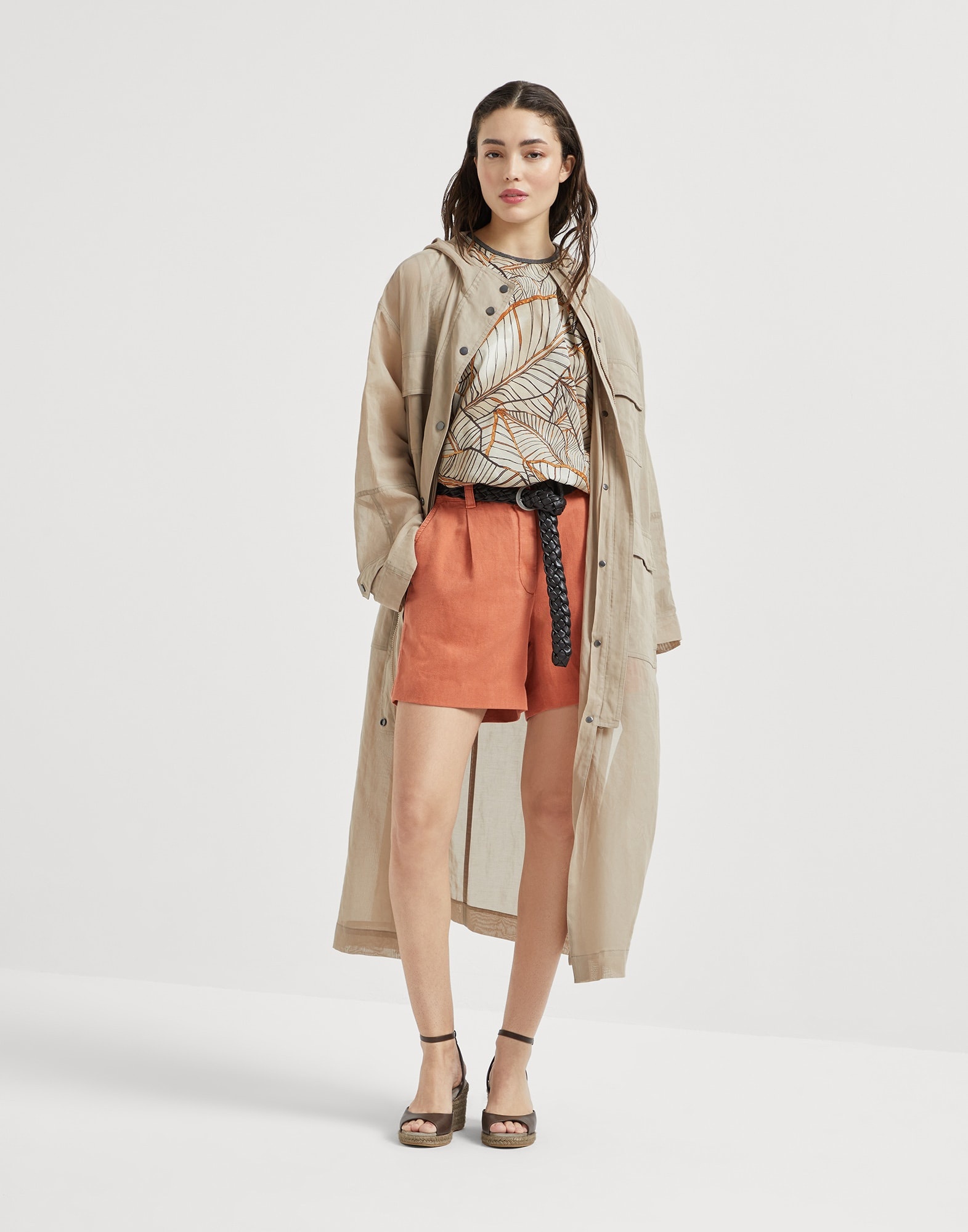 Garment-dyed cotton and linen cover baggy shorts with monili - 4
