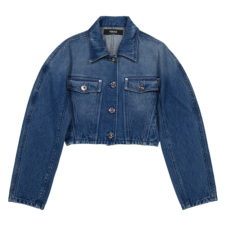 Versace Ladies Medium Blue Cropped Denim Jacket - 1