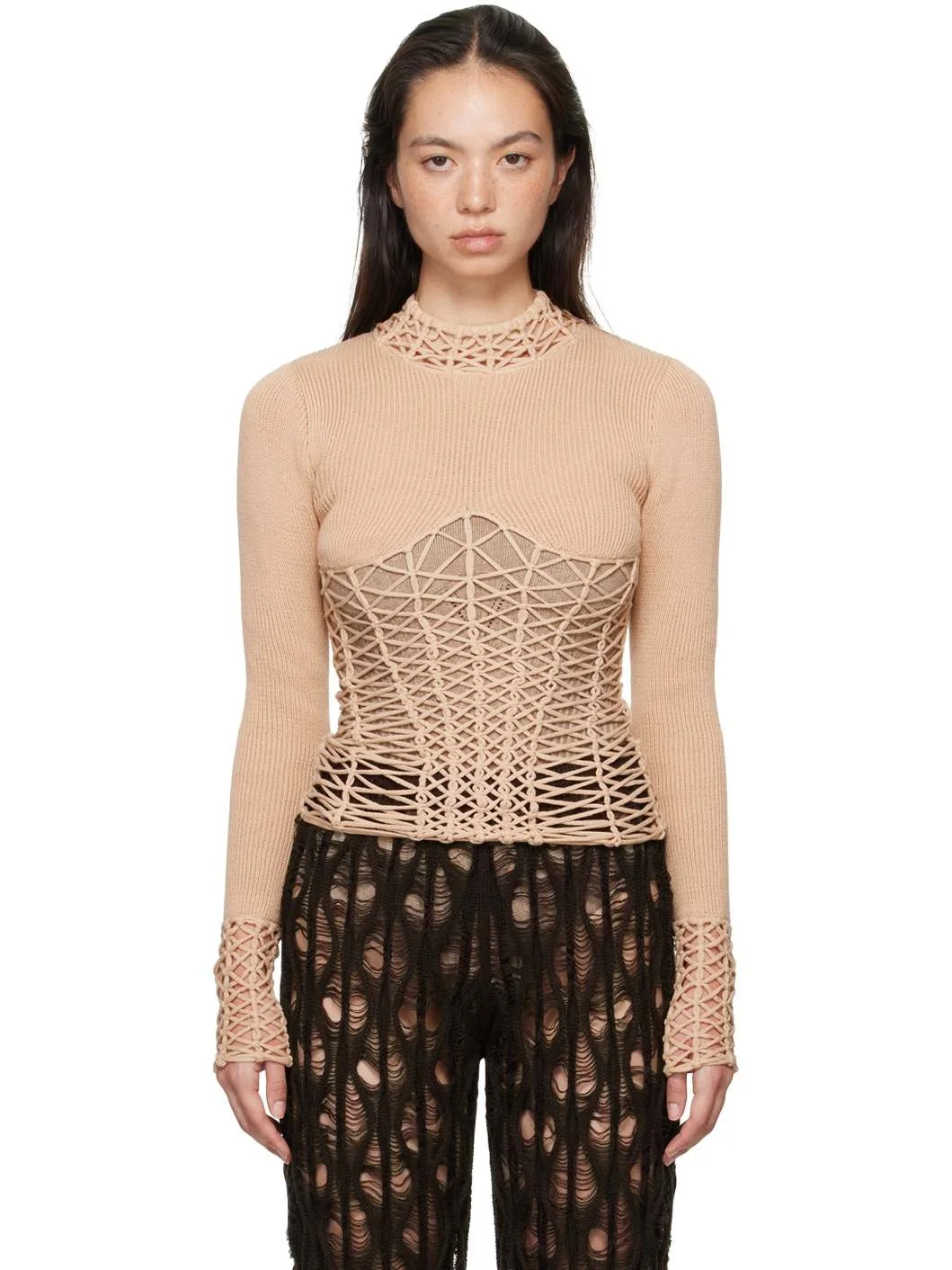 Beige Half-Seen Long Sleeve T-Shirt - 1