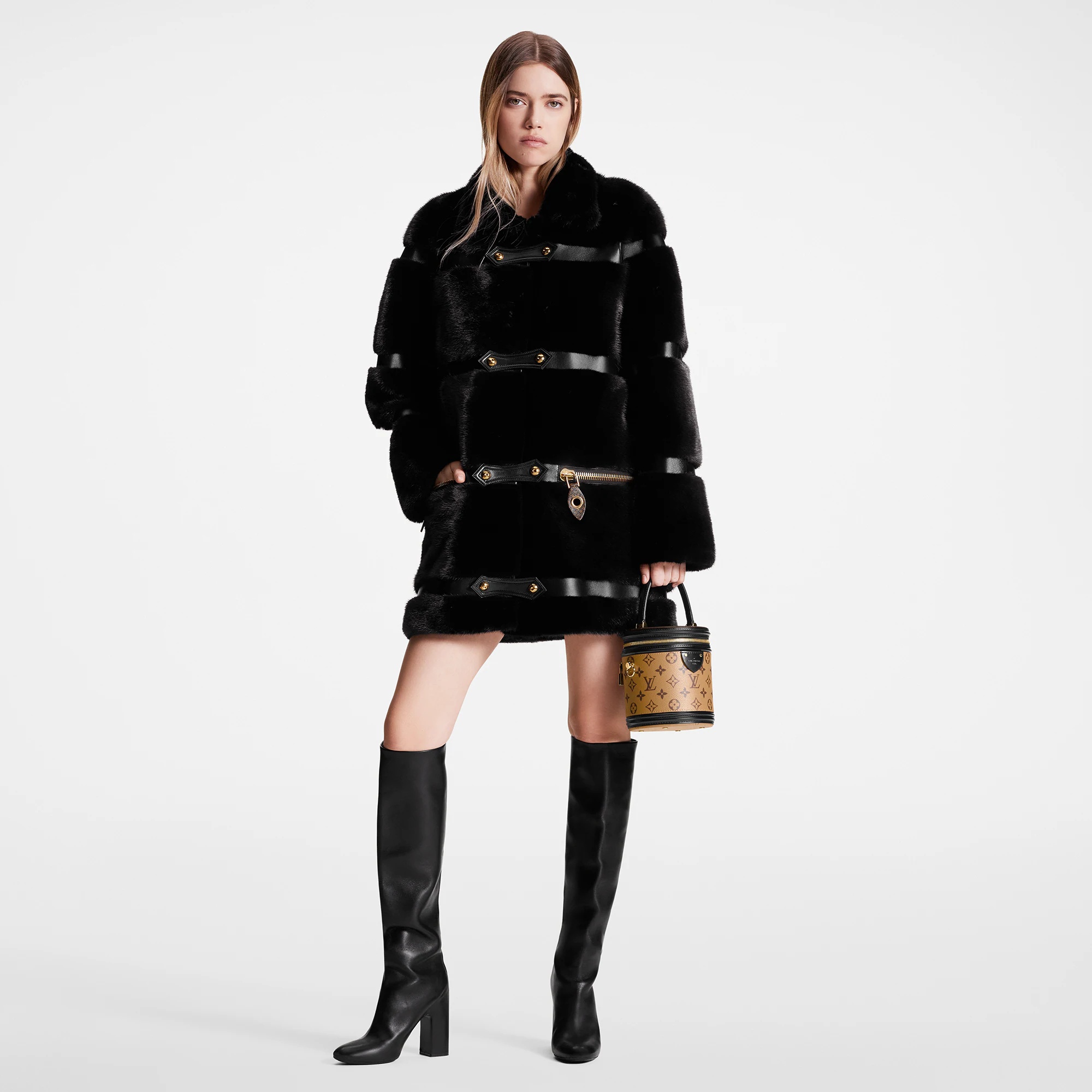 Leather Strip Black Mink Coat - 4