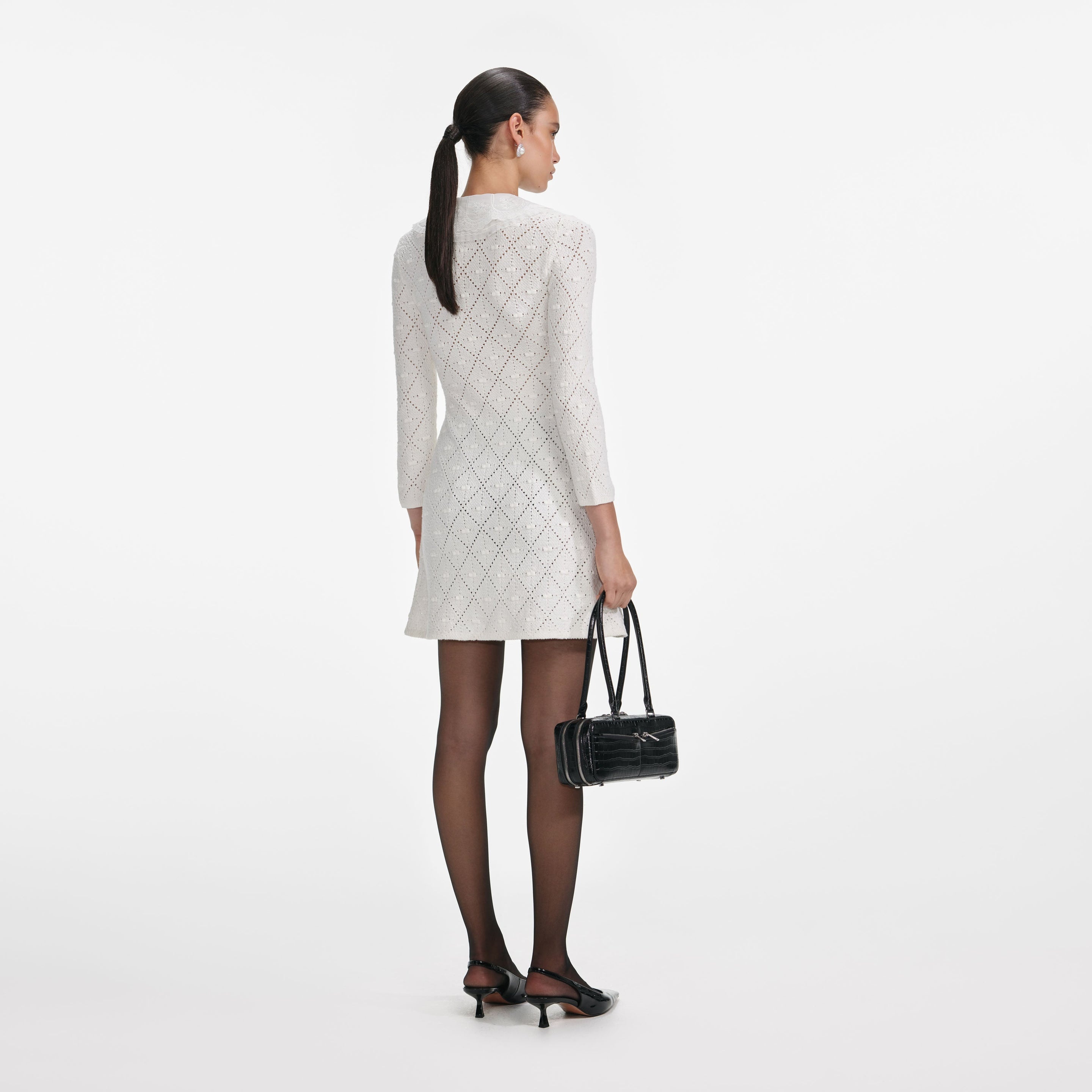 White Lace Bib Knit Mini Dress - 3