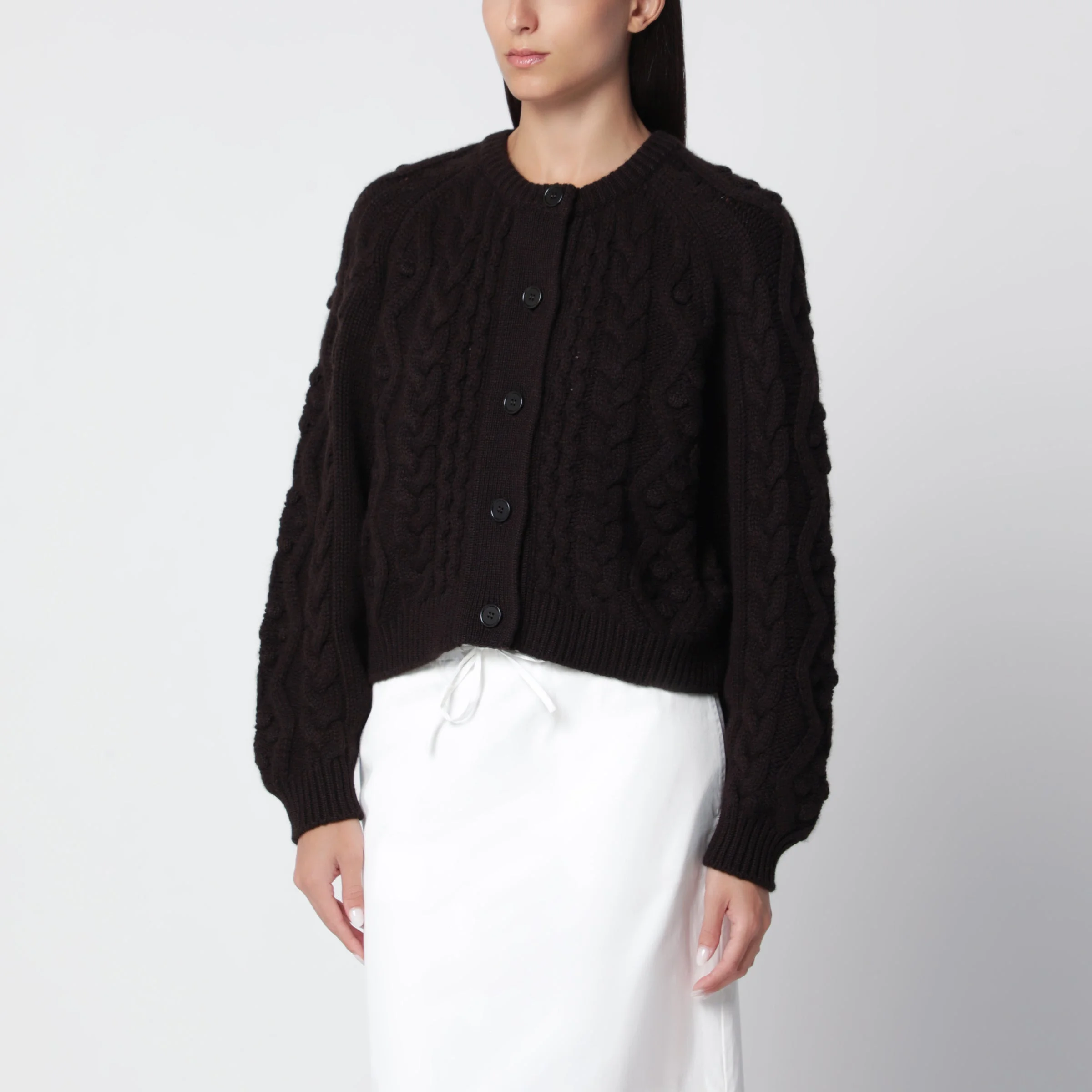Brown cable-knit cashmere cardigan - 1