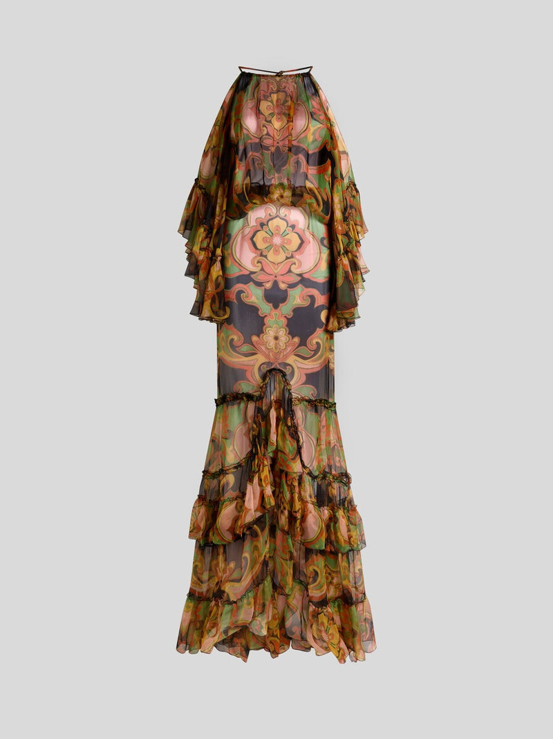 LONG SILK DRESS WITH RUFFLES AND PLACED FLORAL PRINT 1