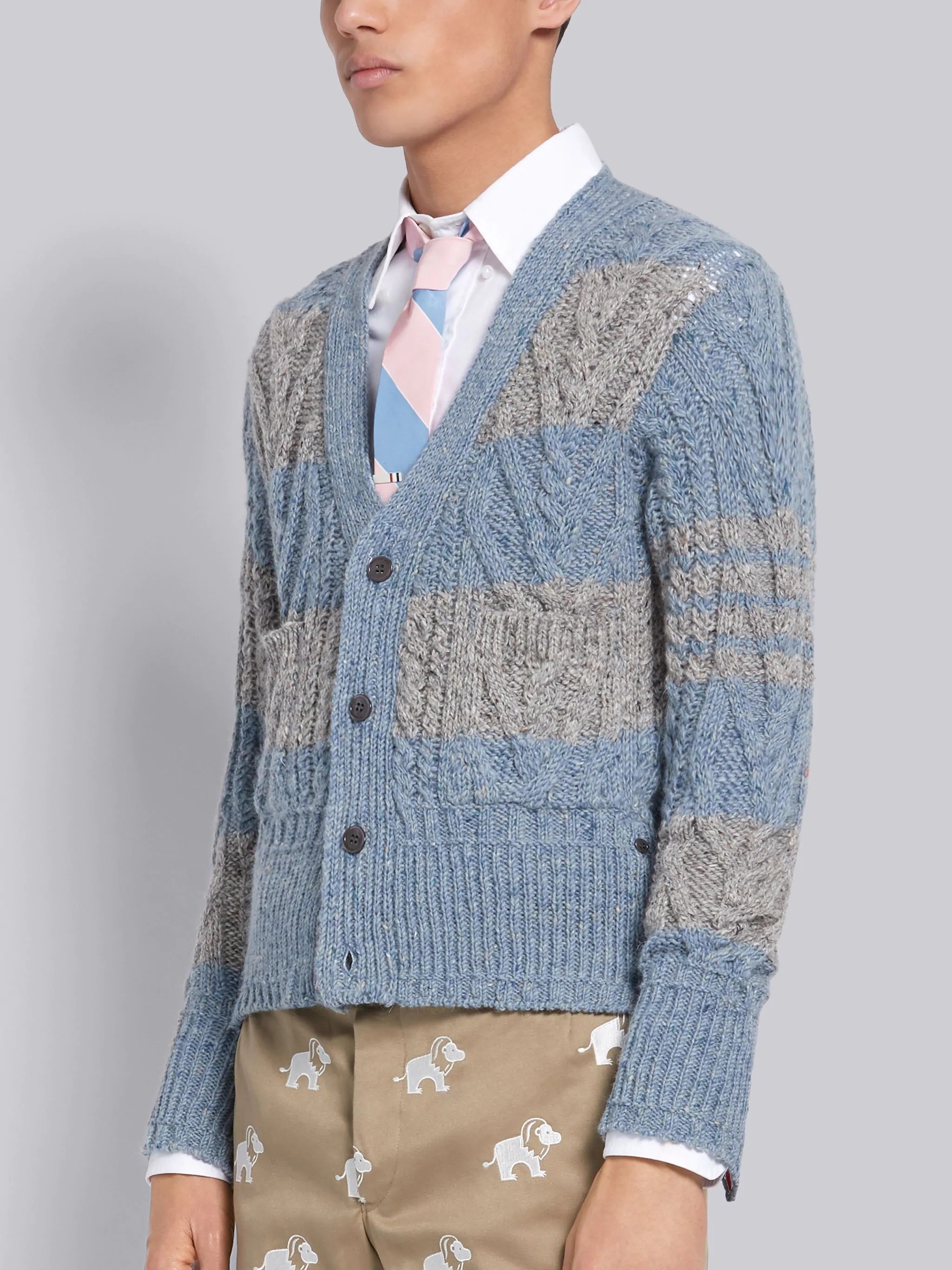 Light Blue Mohair Tweed Aran Cable Rugby Stripe V-neck Cardigan - 3