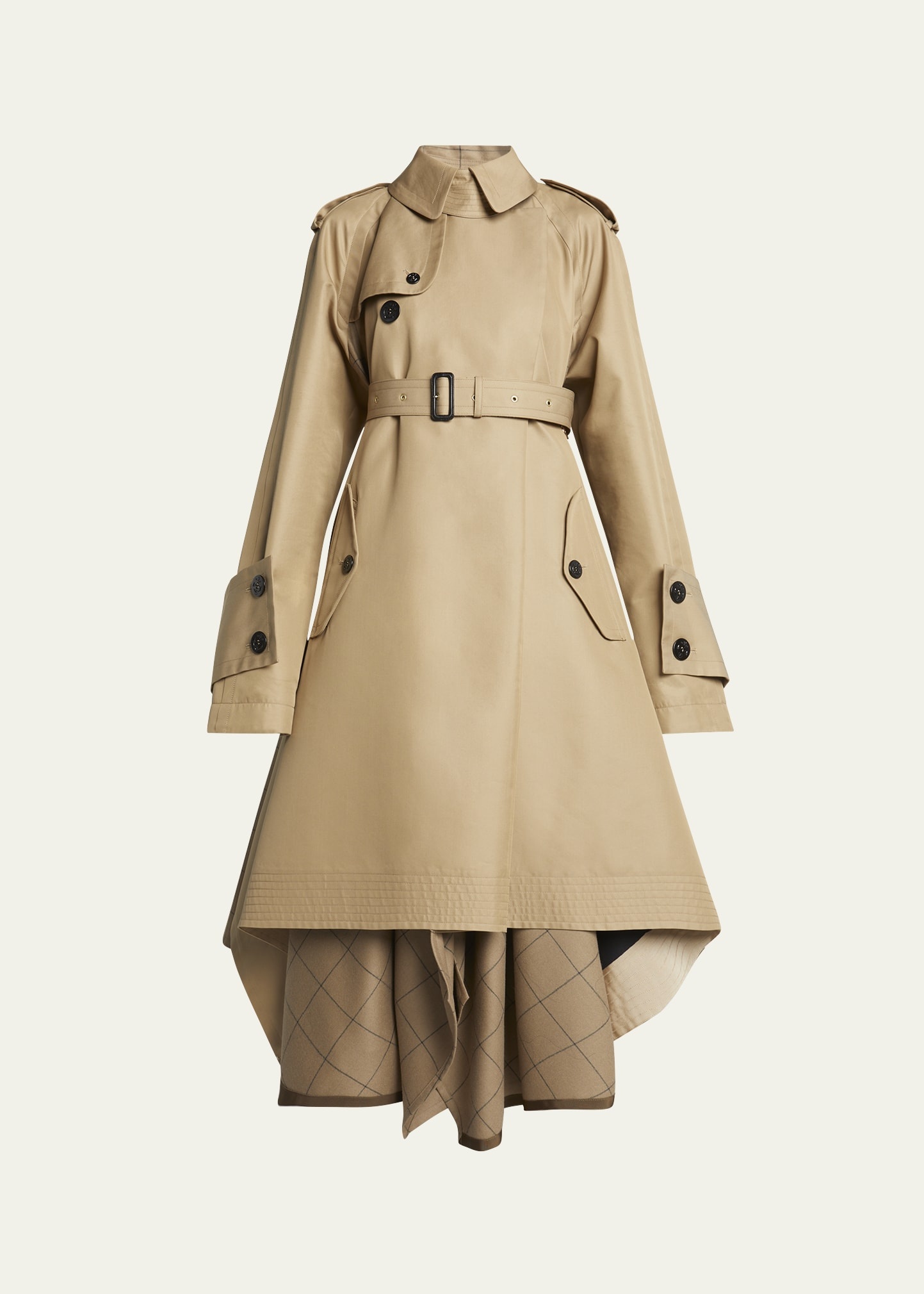 Collared Trench Coat with Windowpane Print Underlay - 1