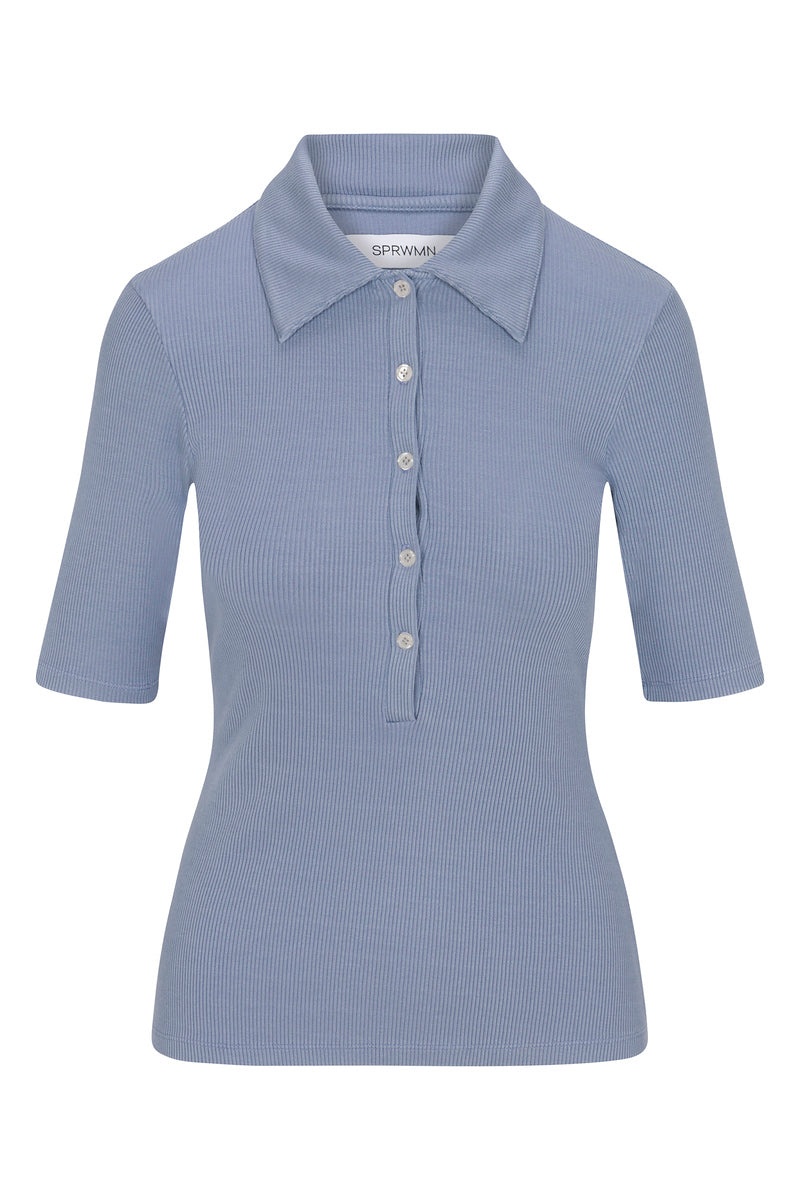STEEL BLUE RIB MID SLEEVE POLO - 6