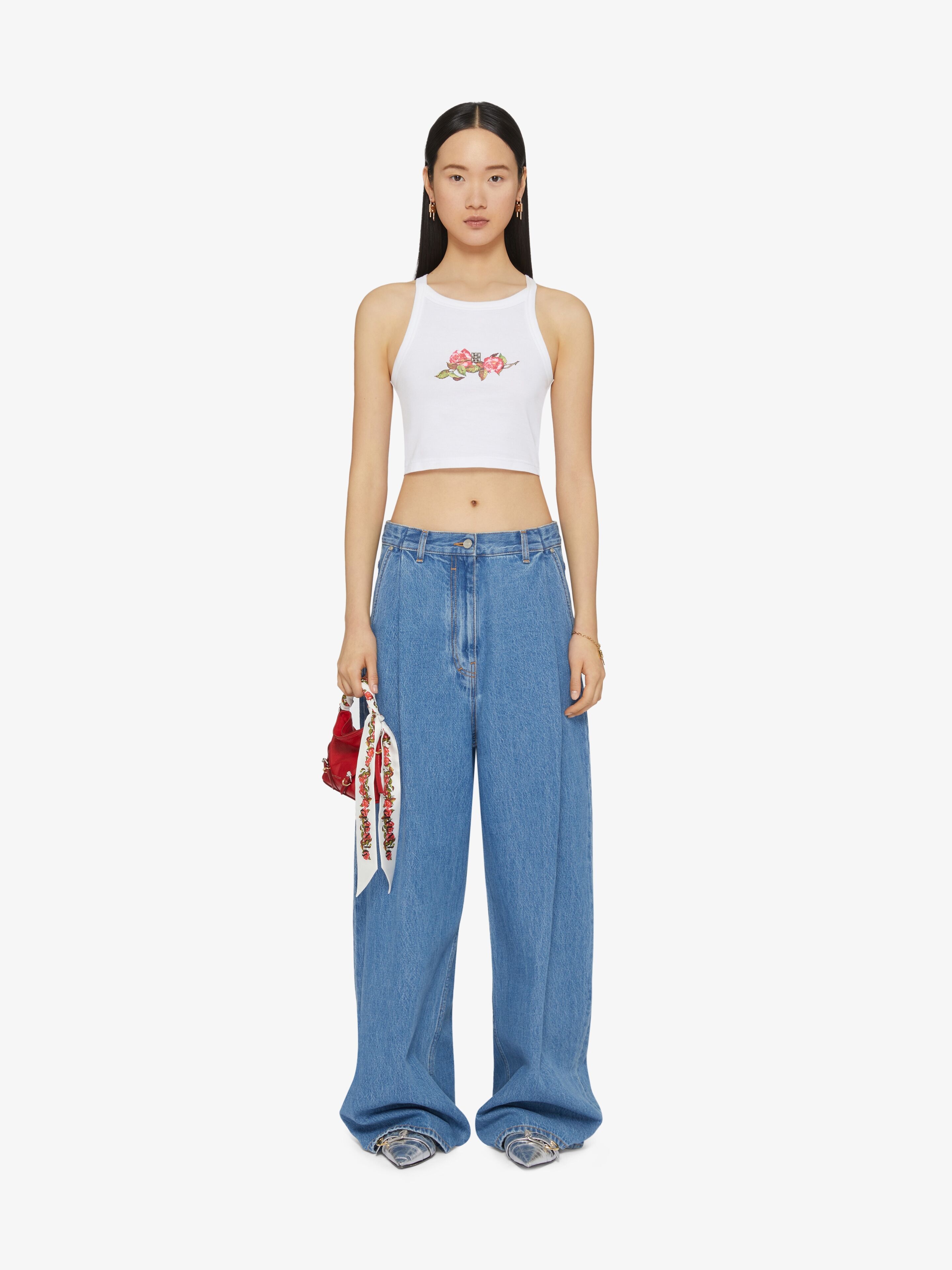 CROPPED TANK TOP IN COTTON WITH 4G AND ROSES PRINT - 2