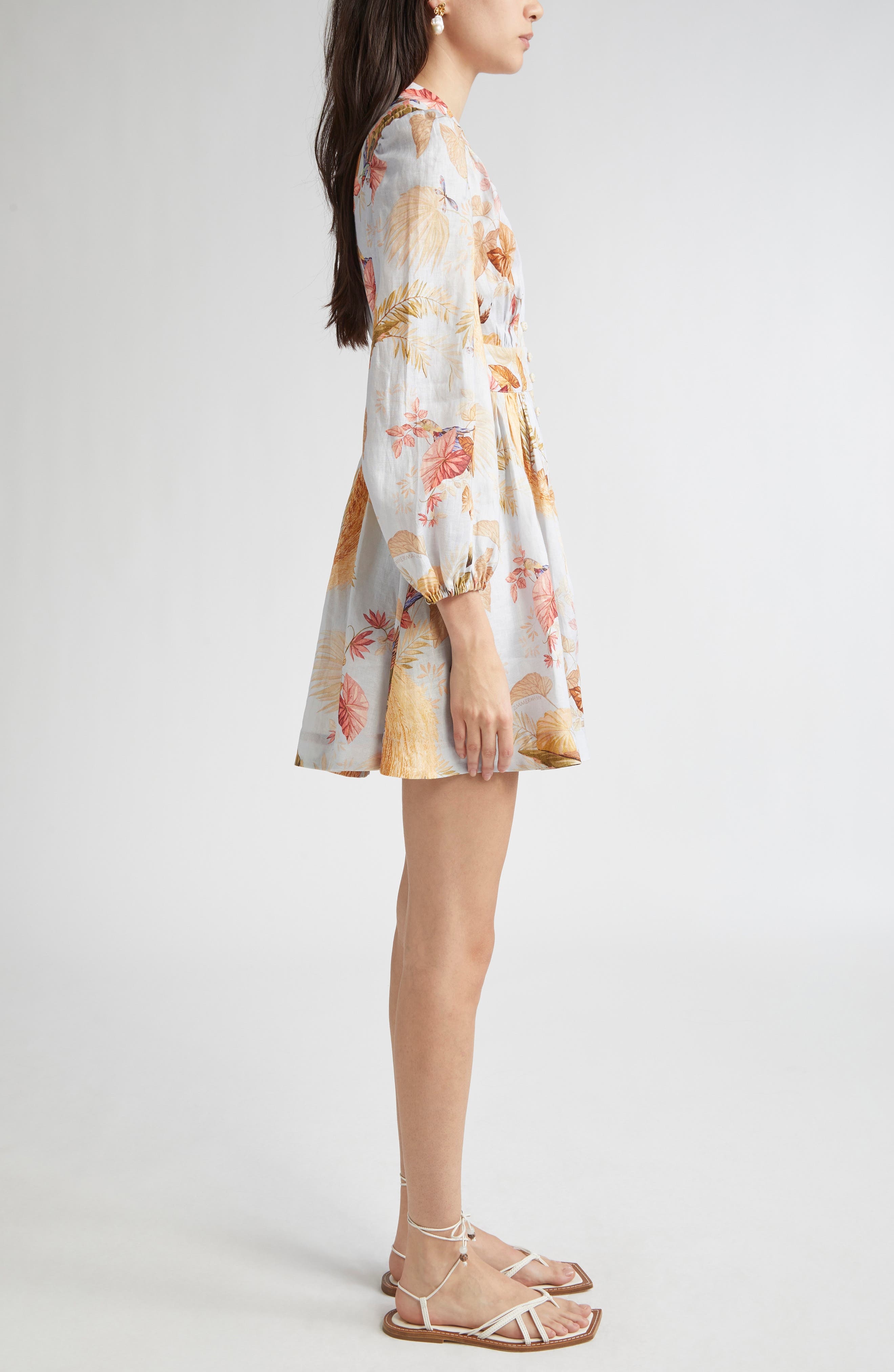 Zimmermann Ascension Floral Long Sleeve Linen Minidress in Light Blue Palm Floral at Nordstrom - 3