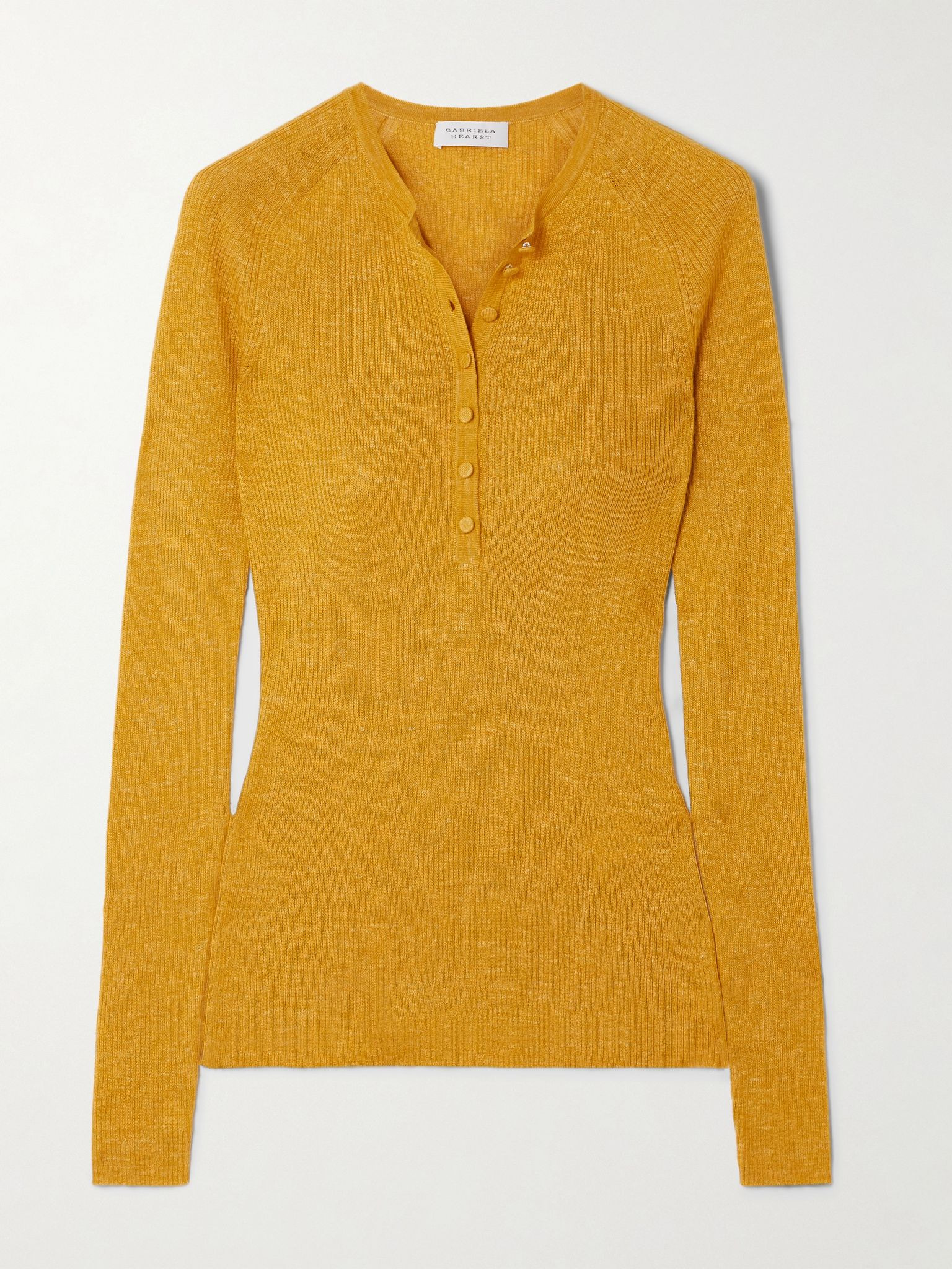 Anges ribbed cashmere, silk and hemp-blend Henley top Mustard - 1