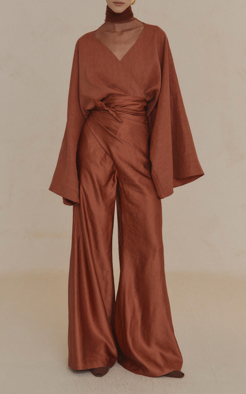 cortana Glow Linen-Blend Wide-Leg Wrap Pants red outlook