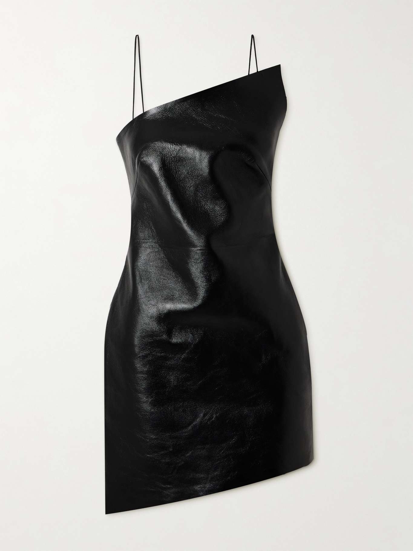 Asymmetric glossed textured-leather mini dress - 1