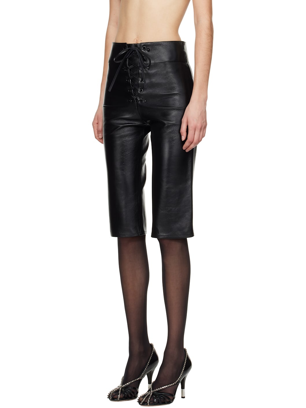 Black Lace-Up Capri Leather Shorts - 4