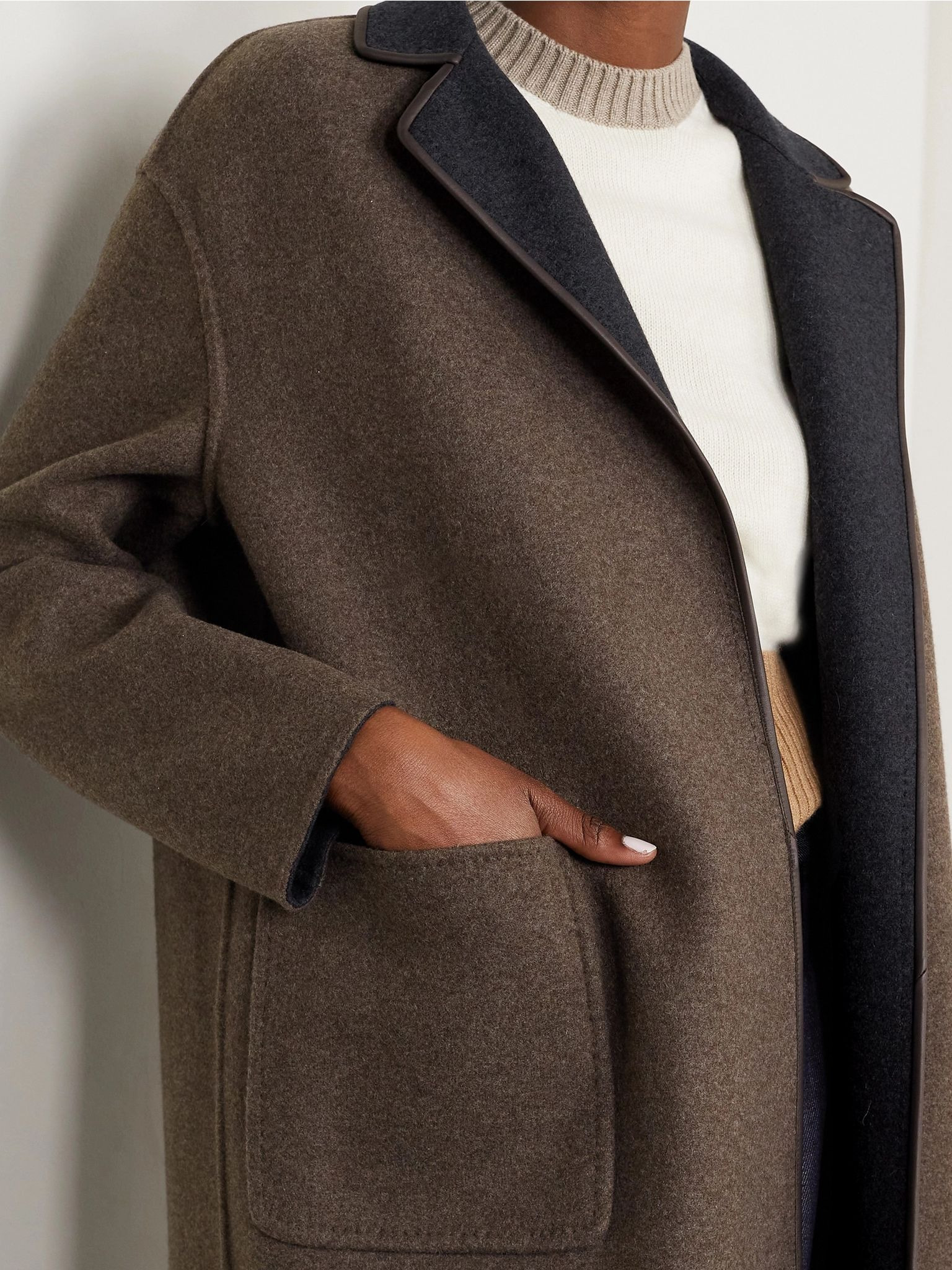 Jimi reversible belted leather-trimmed cashmere-blend jacket Charcoal - 6