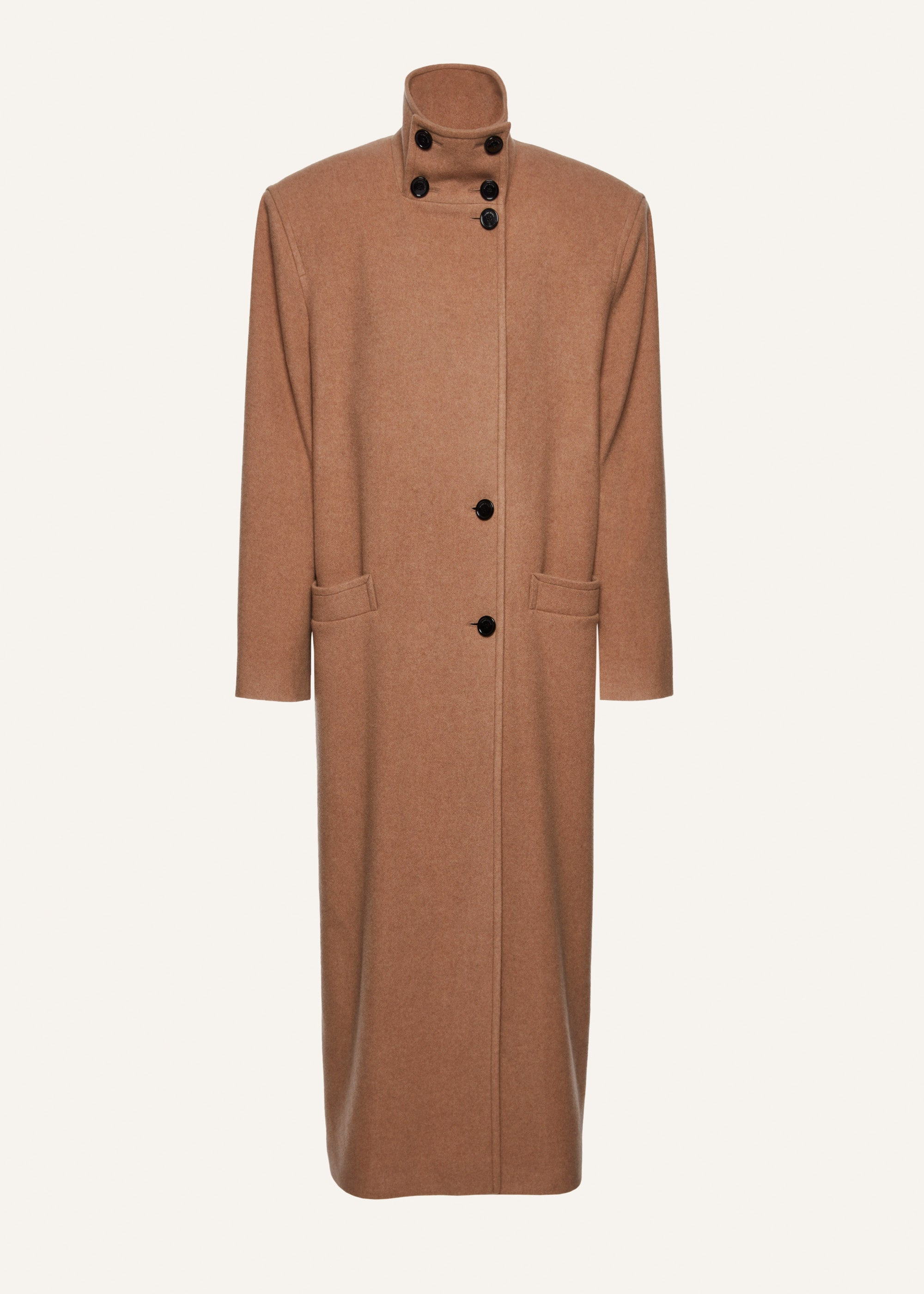 Oversized high collar cashmere coat in caramel - 1