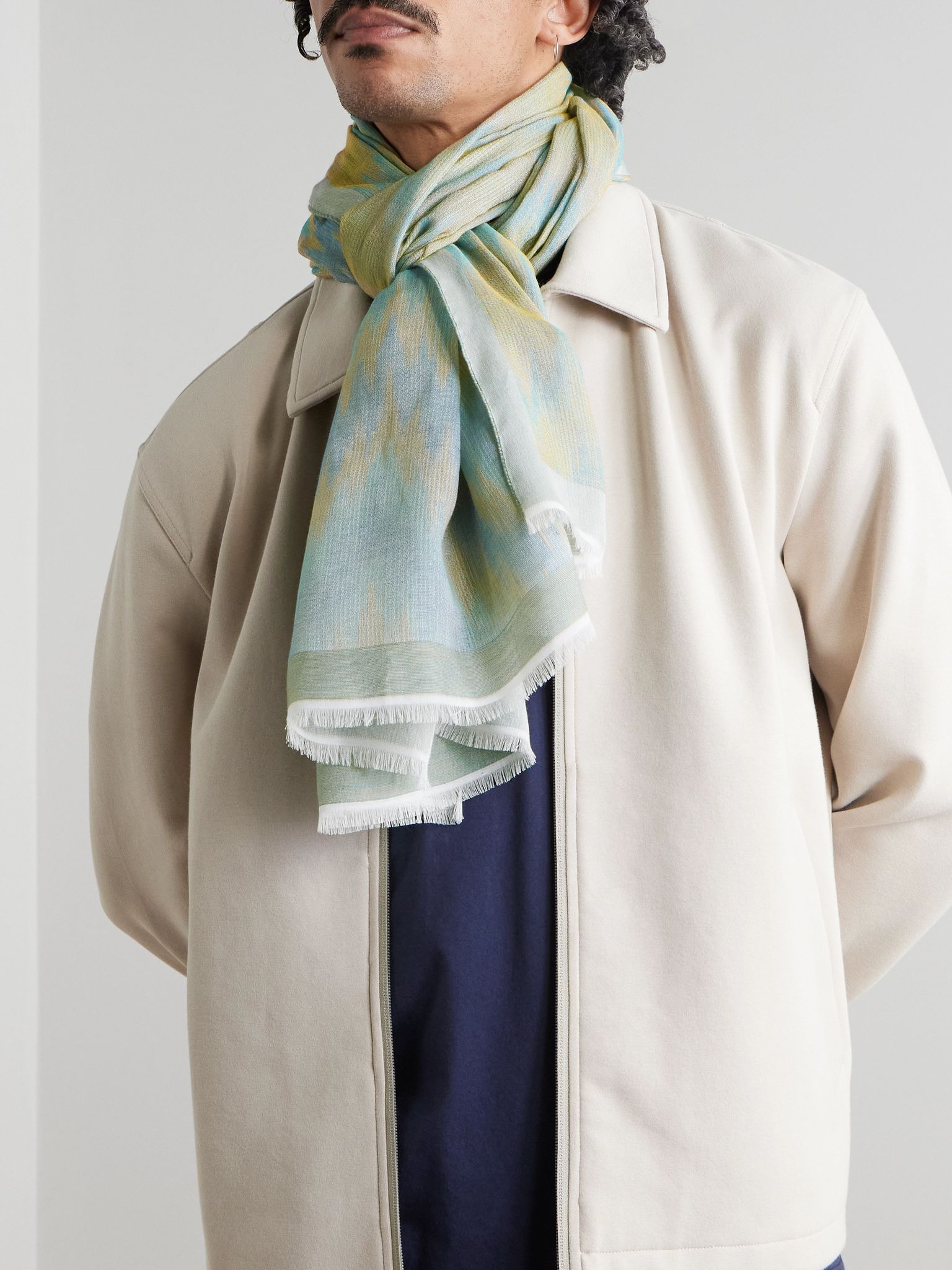 Fringed Cotton-Jacquard Scarf Blue - 2