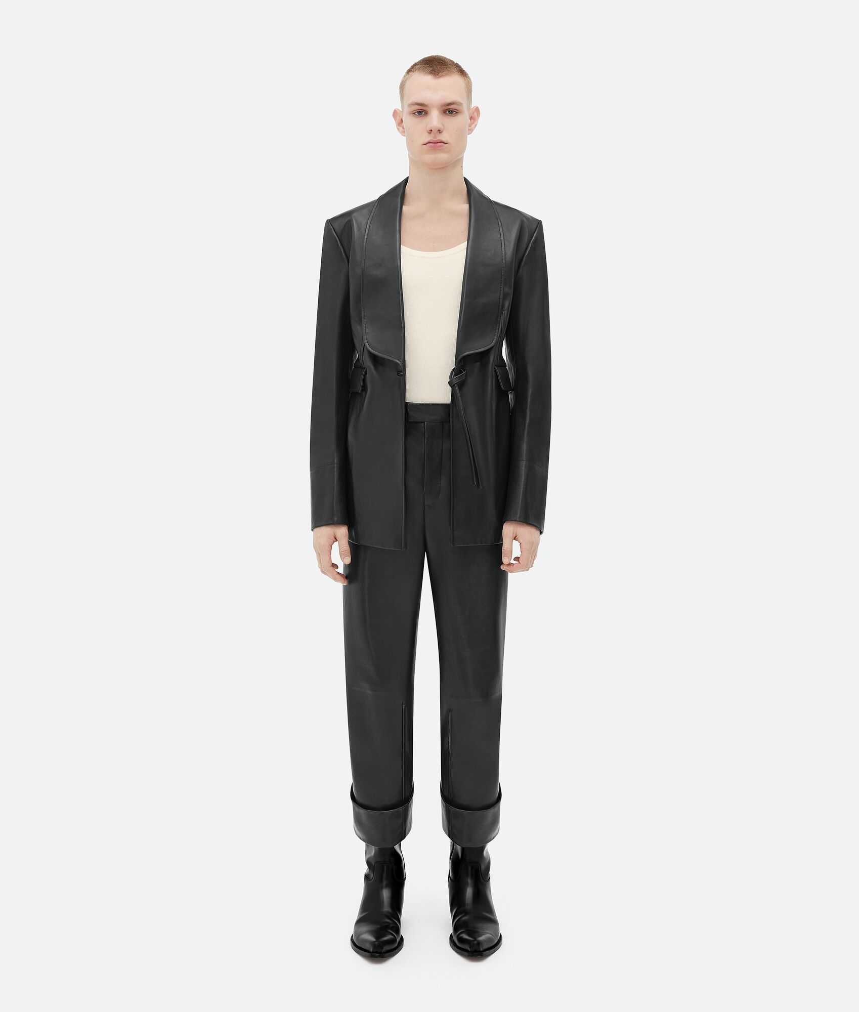 Shawl Collar Leather Jacket - 4