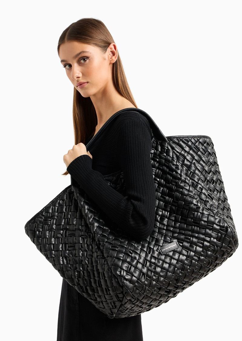 Oversized nappa leather-effect interwoven shopper bag with logo charm 6