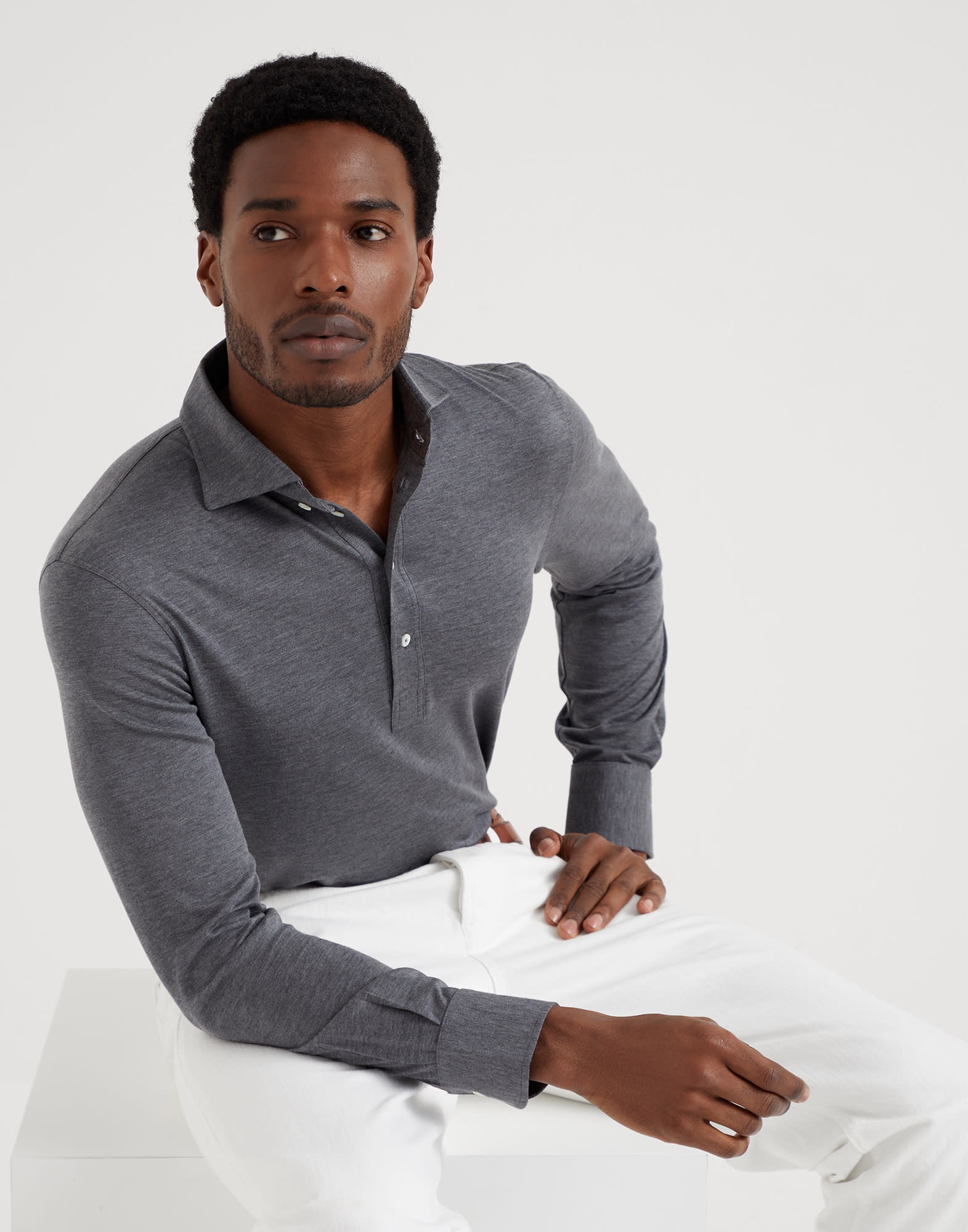 Silk and cotton lightweight jersey long sleeve polo with shirt-style collar - 4