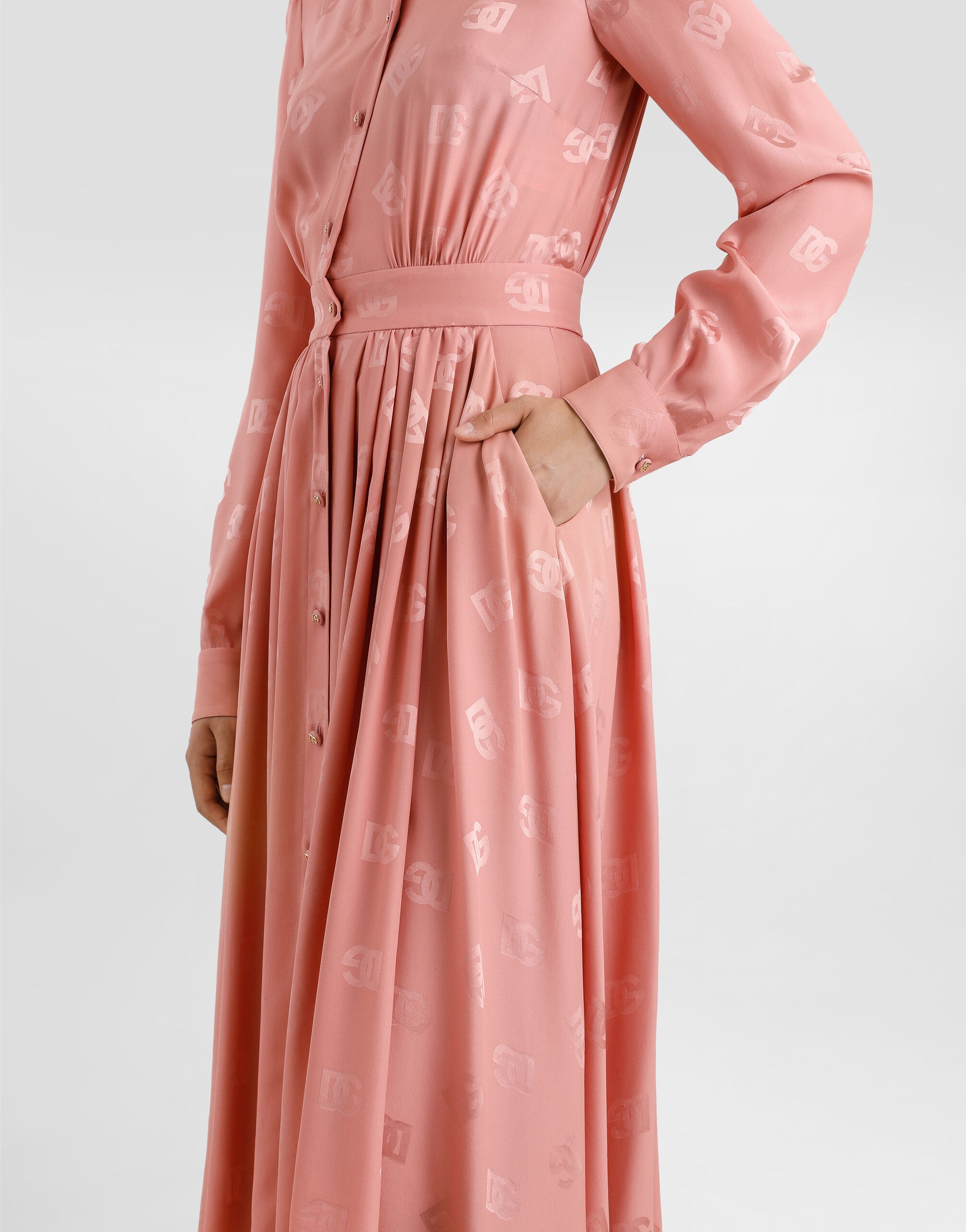Silk satin jacquard shirt dress with DG logo - 4