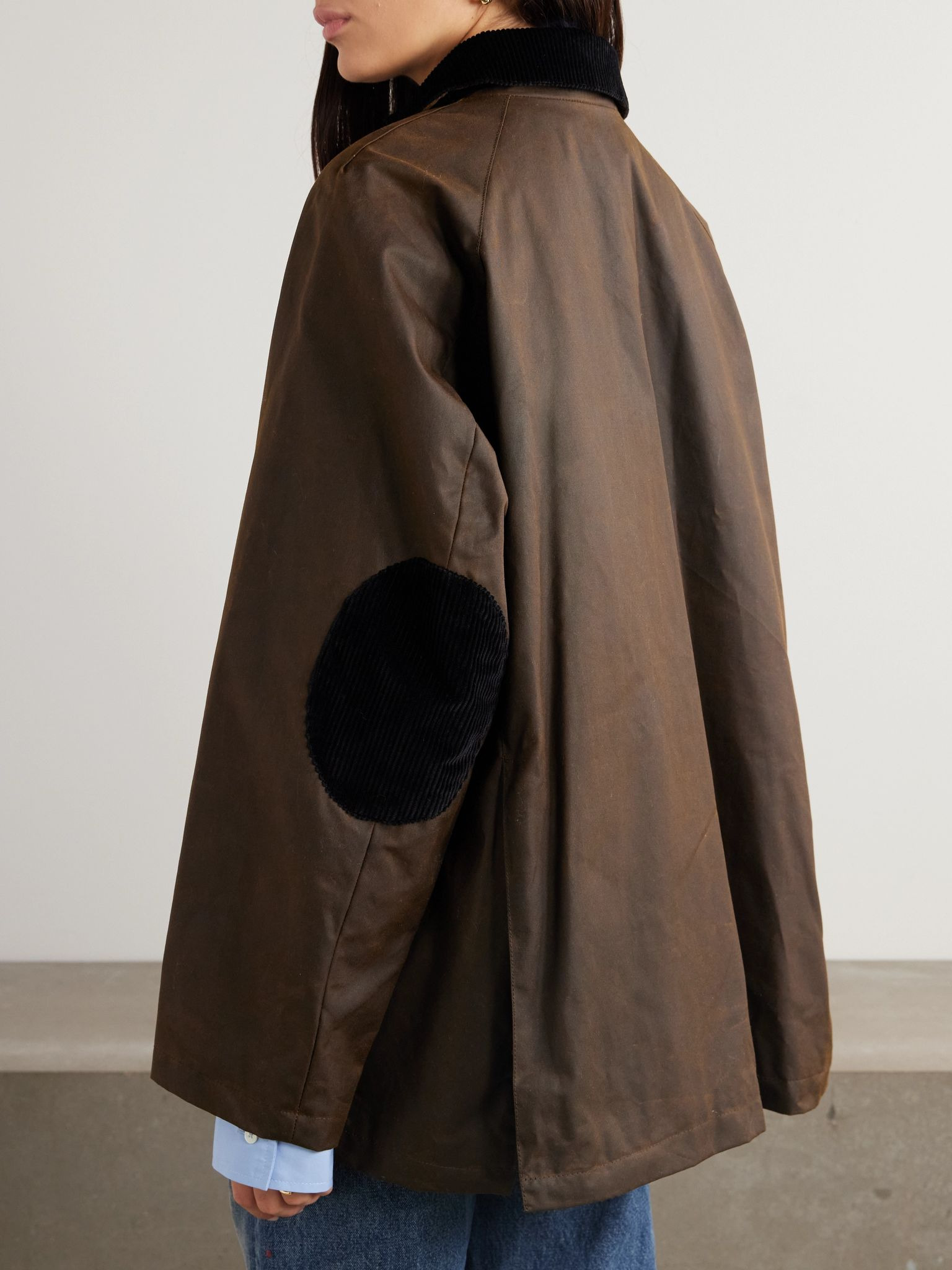 Oversized corduroy-trimmed waxed organic cotton jacket Brown - 4